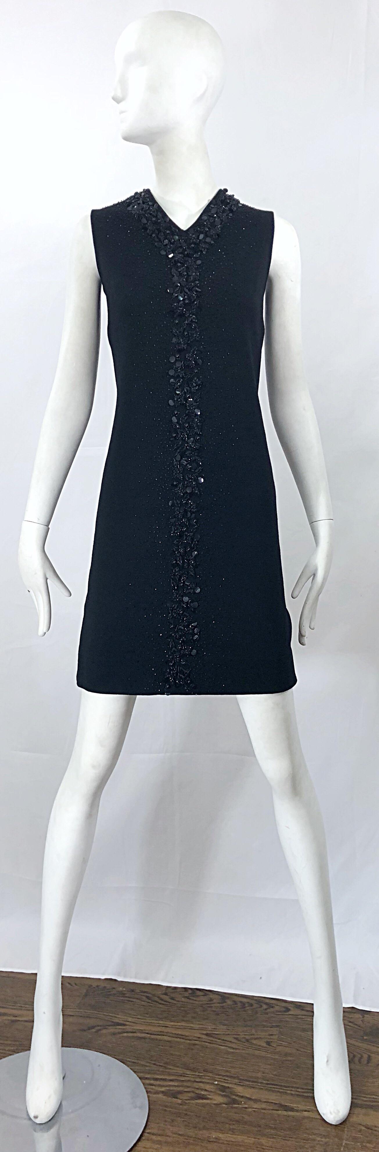 Chic 1960s St Andrews Black Zephyr Wool British Hong Kong Beaded 60s Shift Dress For Sale 3