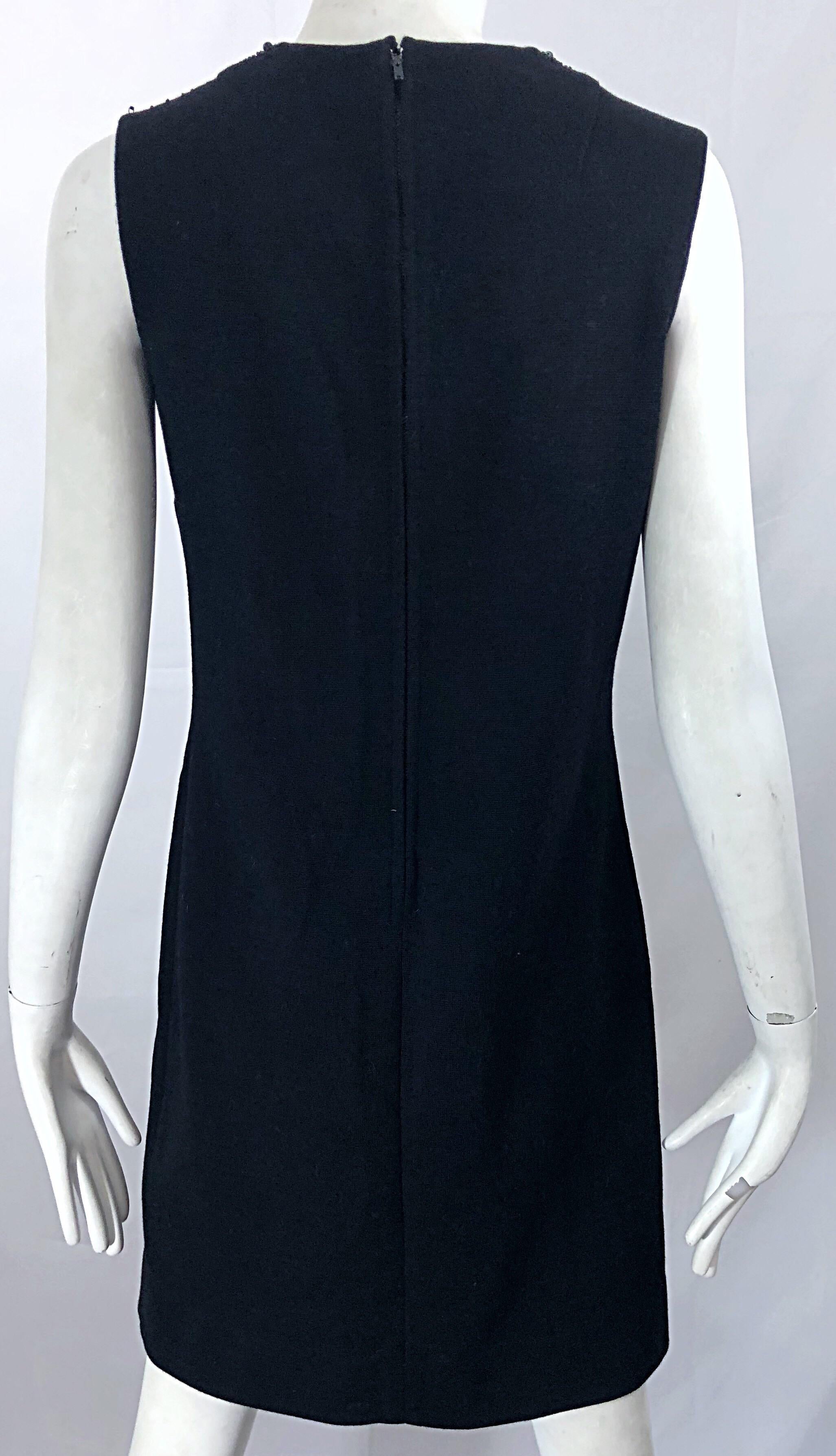 Chic 1960s St Andrews Black Zephyr Wool British Hong Kong Beaded 60s Shift Dress For Sale 4