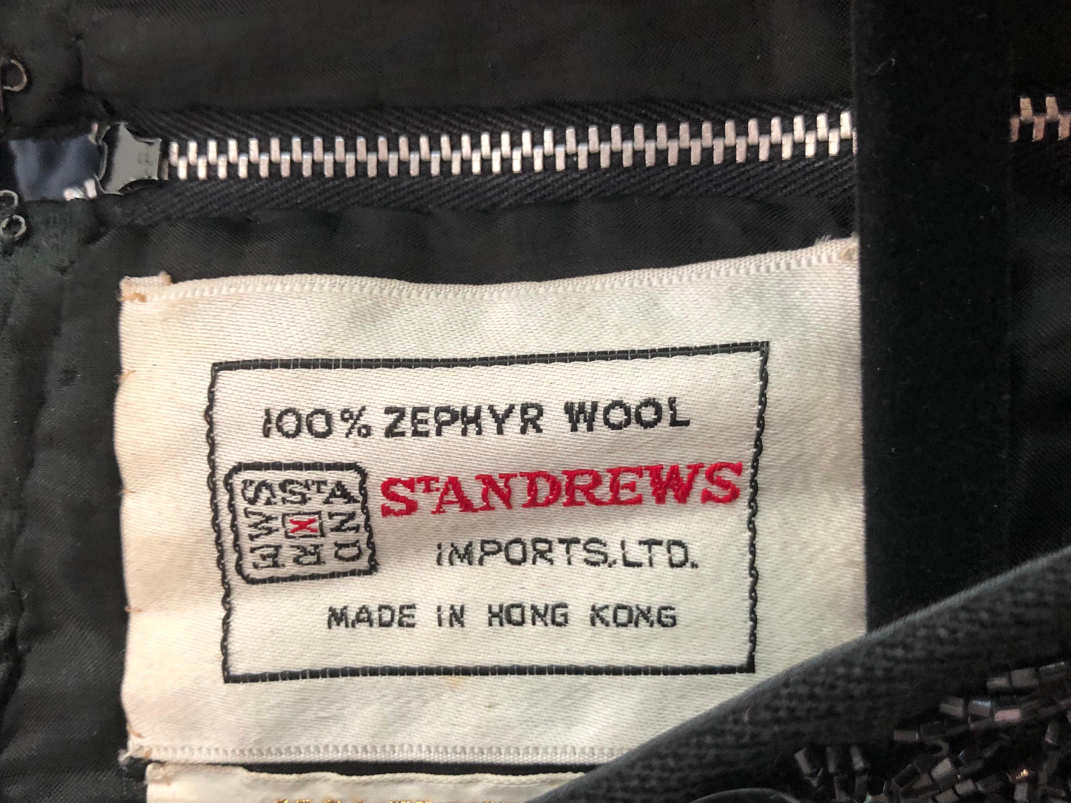 Chic 1960s St Andrews Black Zephyr Wool British Hong Kong Beaded 60s Shift Dress For Sale 6