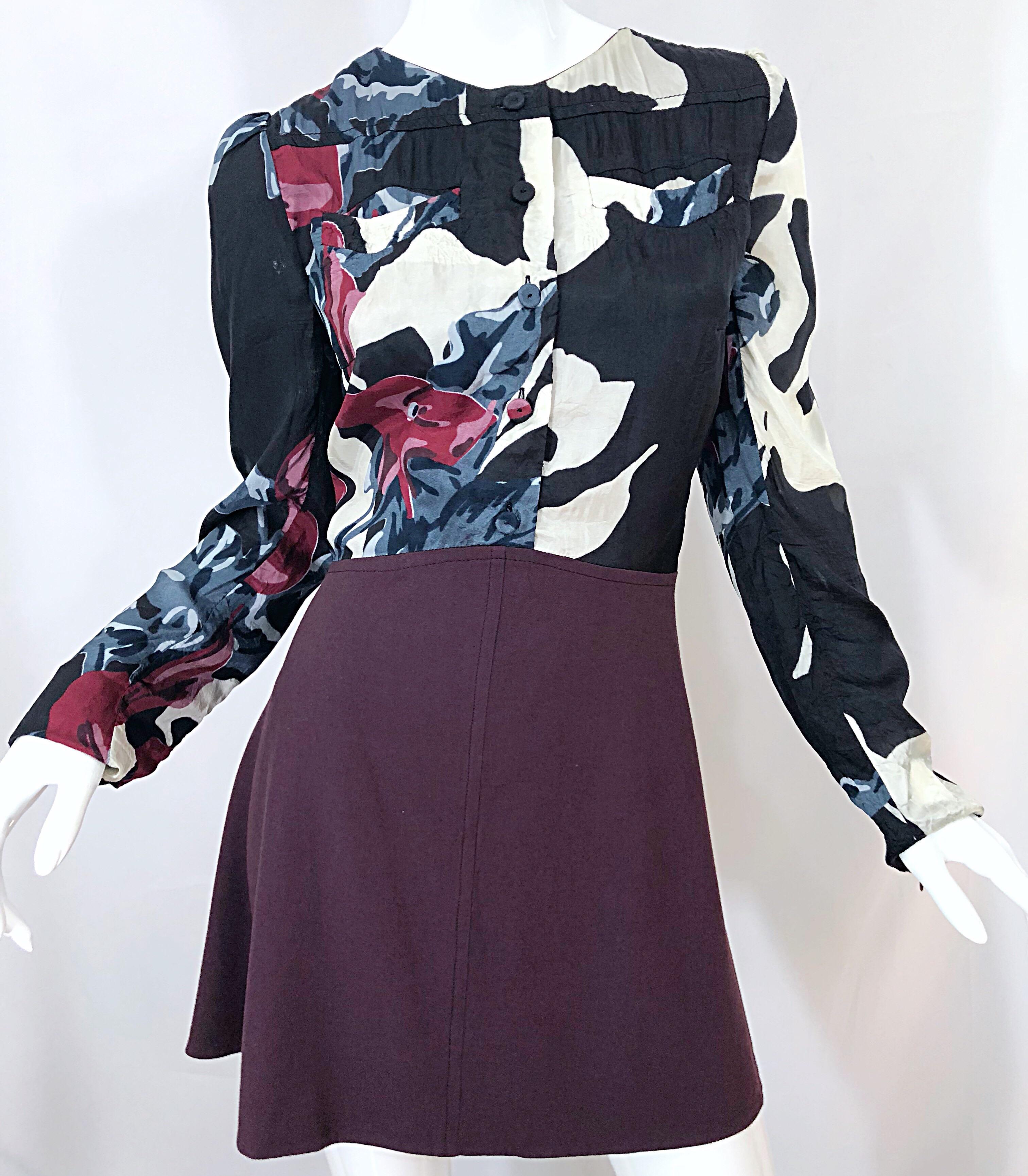 New Carven Fall 2009 Size 42 / 10 / 12 Burgundy Blue Black Abstract Mini Dress For Sale 3
