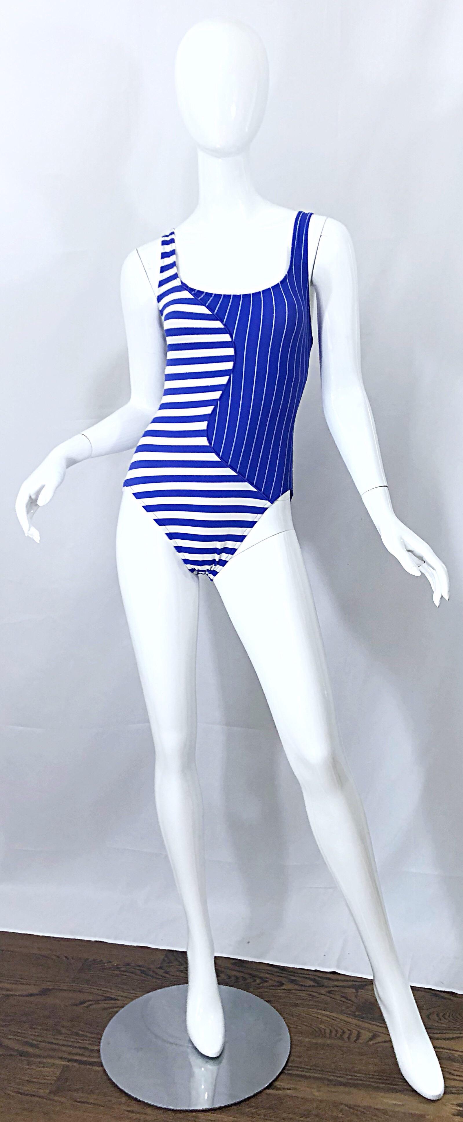 90s BILL BLASS royal blue and white striped nautical one piece swimsuit or bodysuit! Features flattering contrasting stripes on the front and back. Dipped back reveals just the right amount of skin. The perfect timeless piece that is great for the