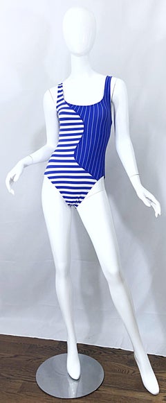 Vintage Bill Blass 1990s Nautical Blue White Striped One Piece Swimsuit Bodysuit