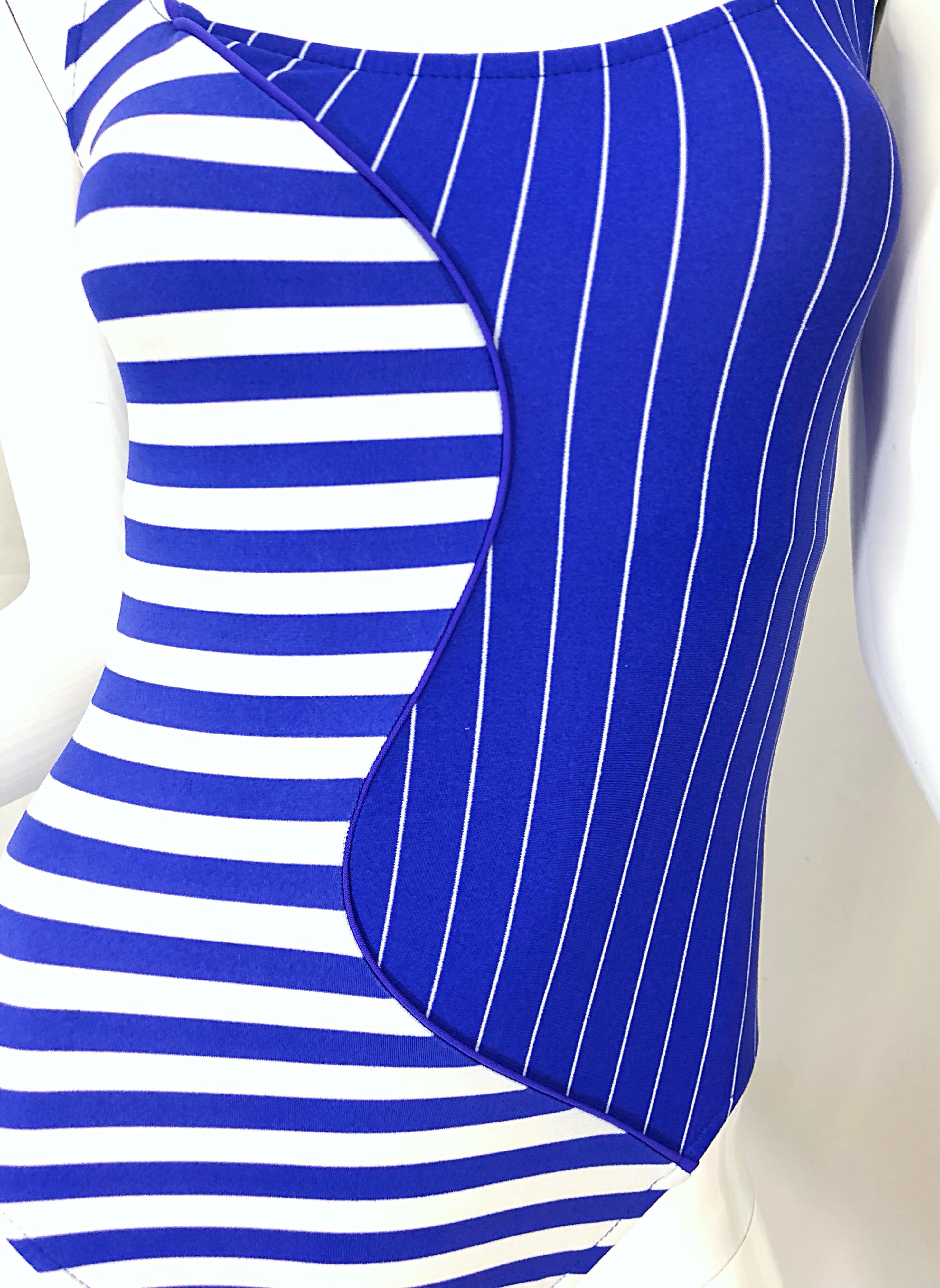 Vintage Bill Blass 1990s Nautical Blue White Striped One Piece Swimsuit ...