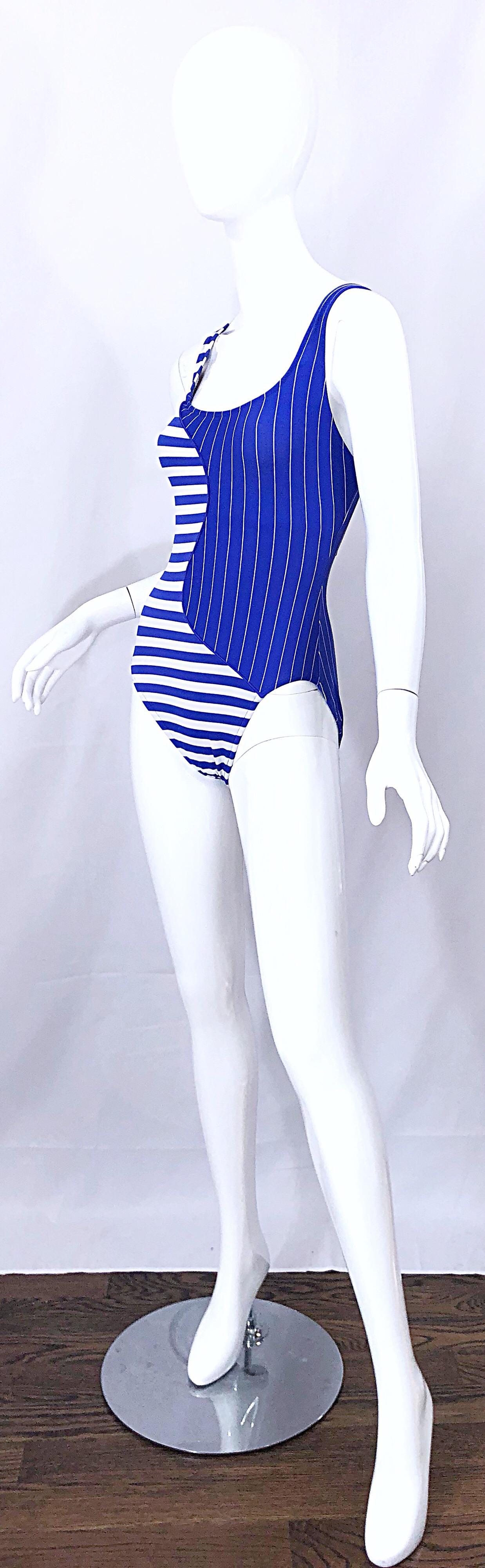 Purple Vintage Bill Blass 1990s Nautical Blue White Striped One Piece Swimsuit Bodysuit For Sale