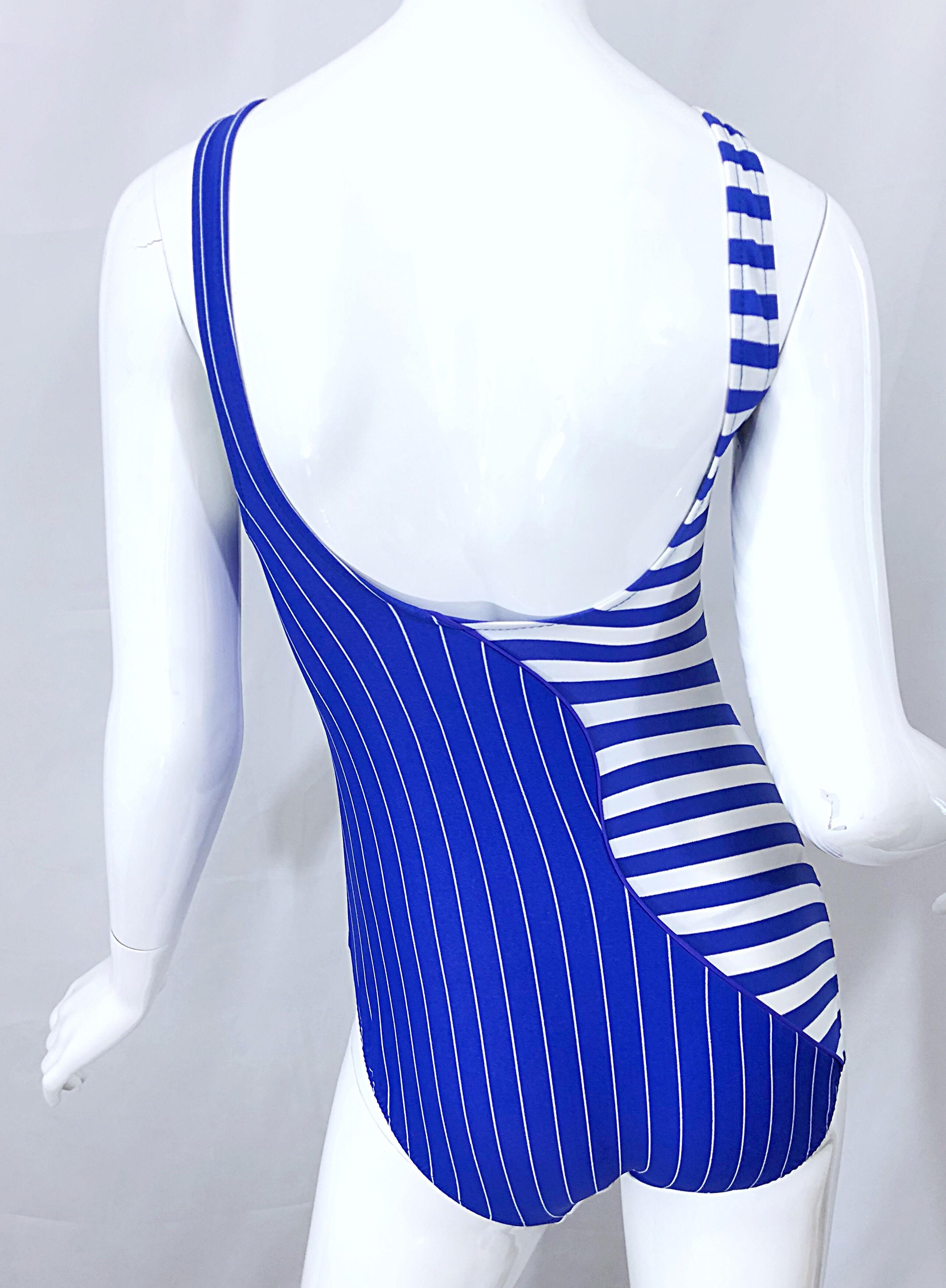 Vintage Bill Blass 1990s Nautical Blue White Striped One Piece Swimsuit Bodysuit For Sale 2