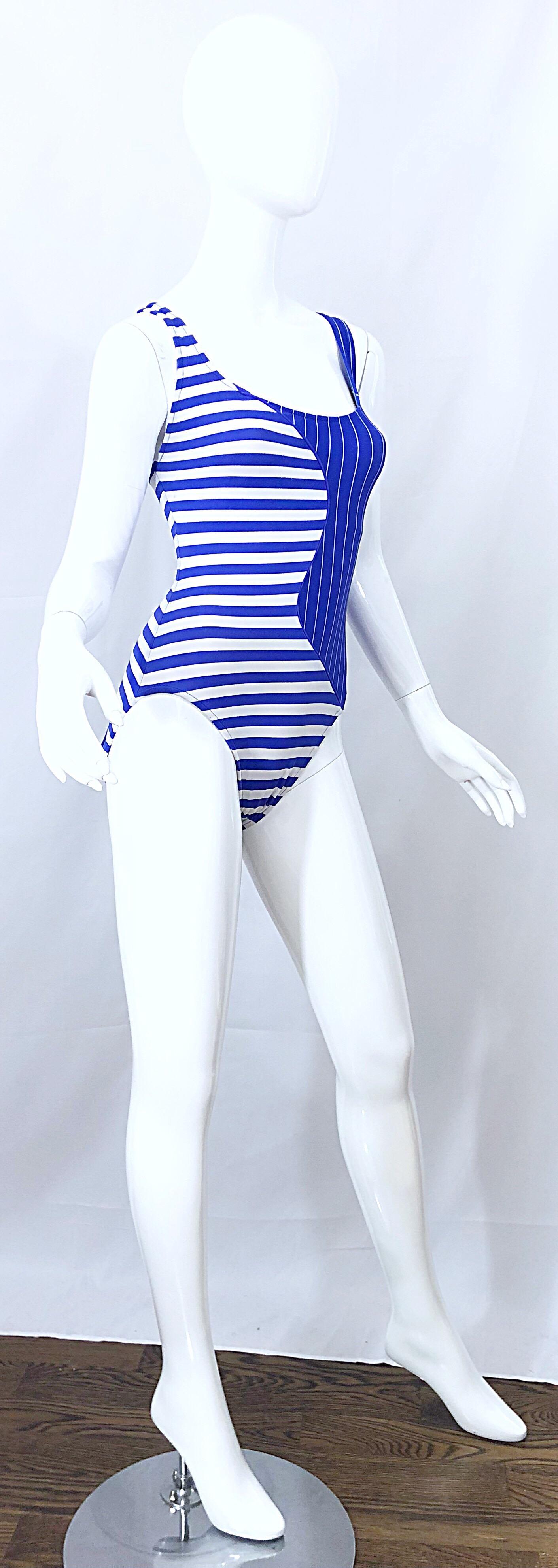 Vintage Bill Blass 1990s Nautical Blue White Striped One Piece Swimsuit Bodysuit For Sale 3
