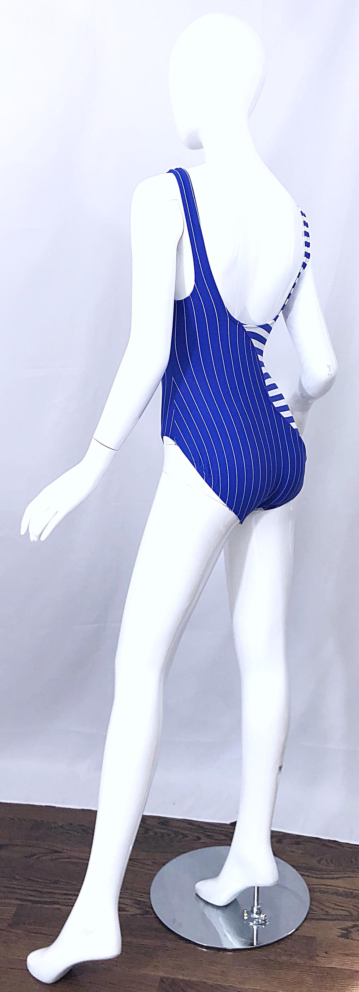 Vintage Bill Blass 1990s Nautical Blue White Striped One Piece Swimsuit Bodysuit For Sale 4