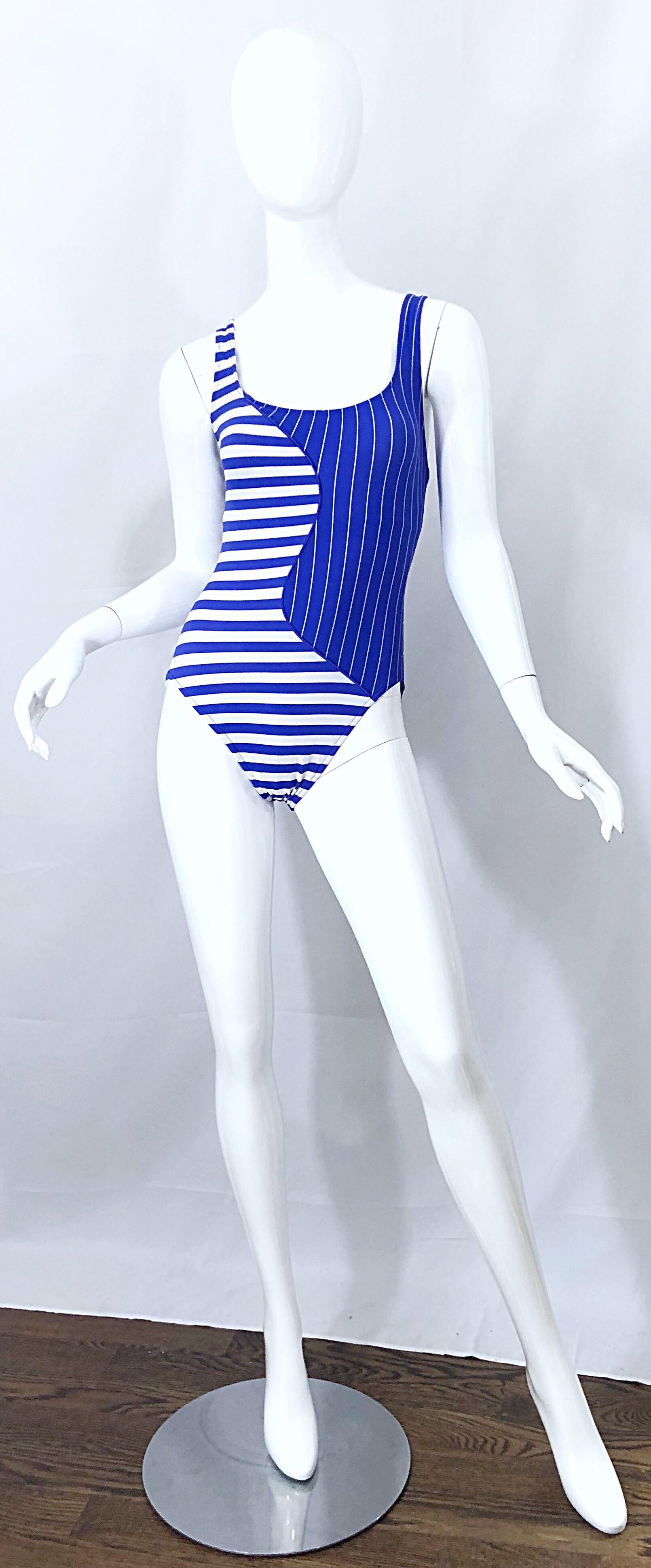 Vintage Bill Blass 1990s Nautical Blue White Striped One Piece Swimsuit Bodysuit For Sale 5