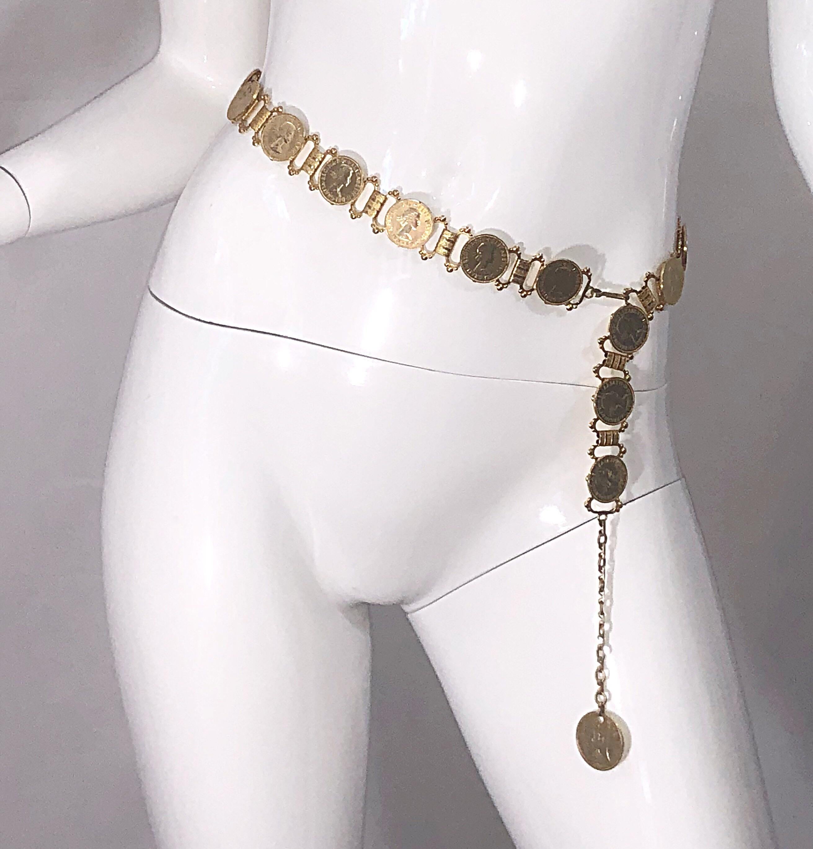 Chic late 1960s ELIZABETH DEI GRATIA gold coin novelty belt or necklace! Features authentic gold coins with intricate links connecting the coins. Can be dressed up or down with a dress or jeans. Also great as a chunky choker or long necklace. 
In