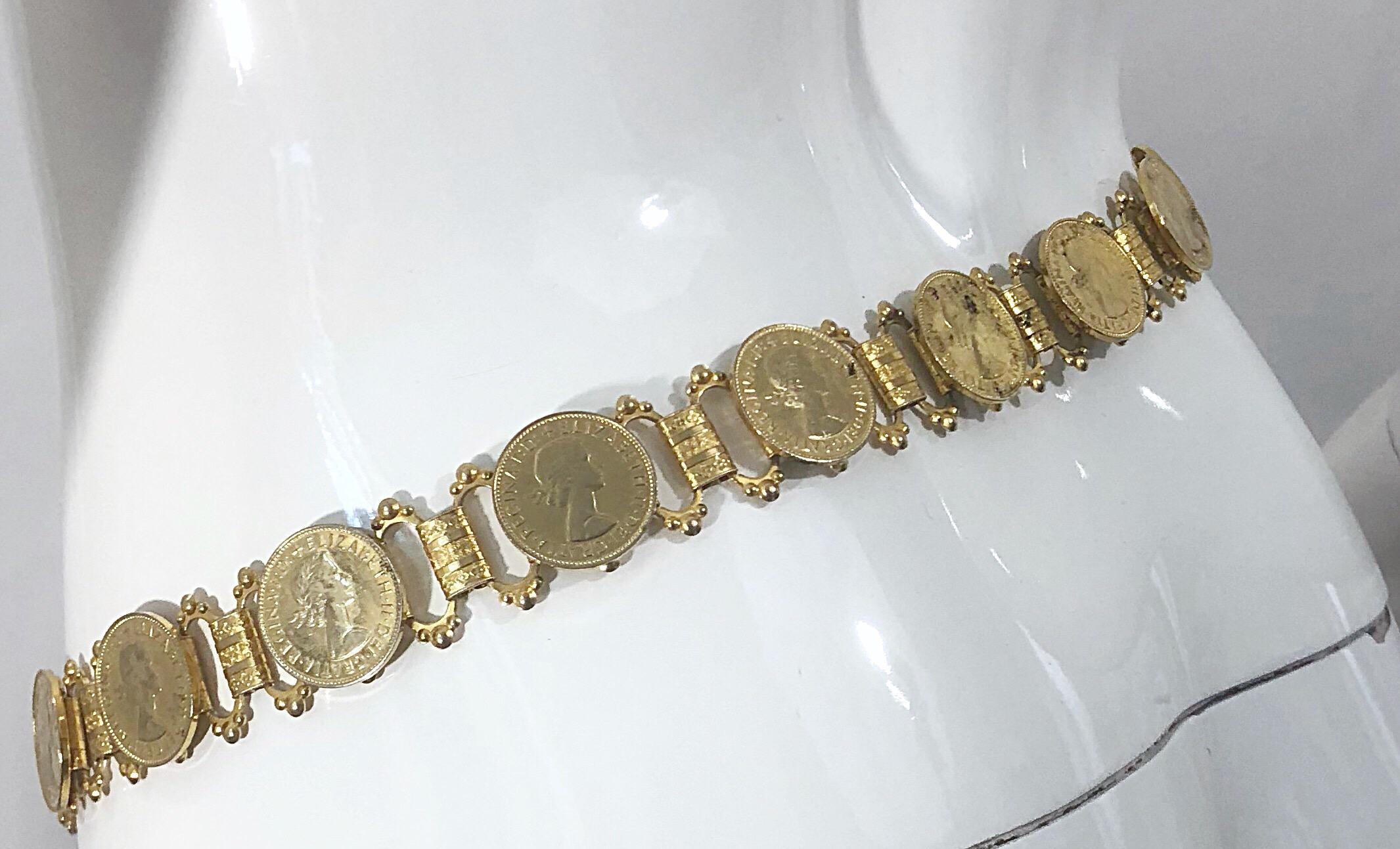 Women's Elizabeth Dei Gratia 1960s Gold Coin Vintage 60s Novelty Chain Belt or Necklace