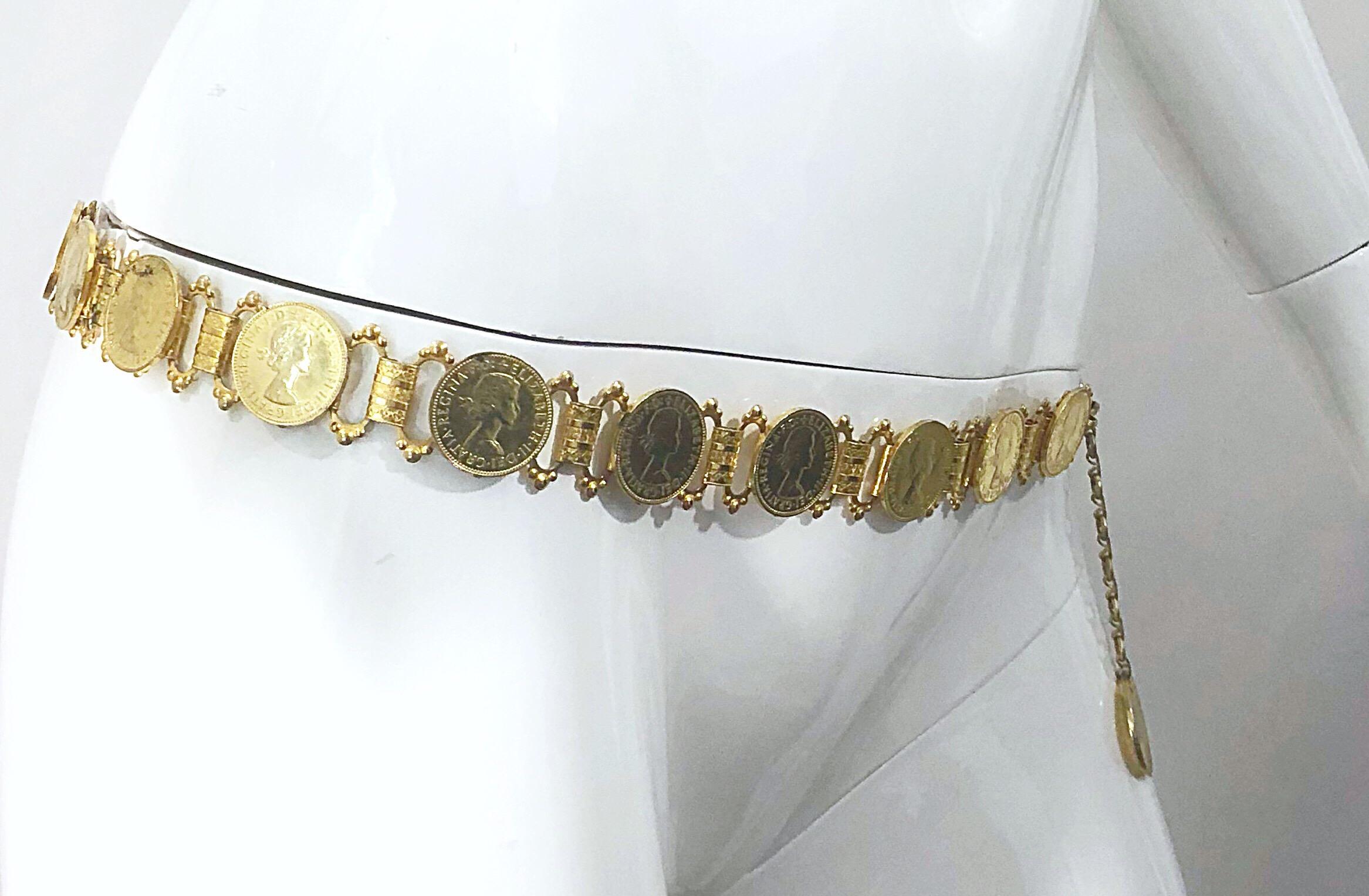 Elizabeth Dei Gratia 1960s Gold Coin Vintage 60s Novelty Chain Belt or Necklace 1
