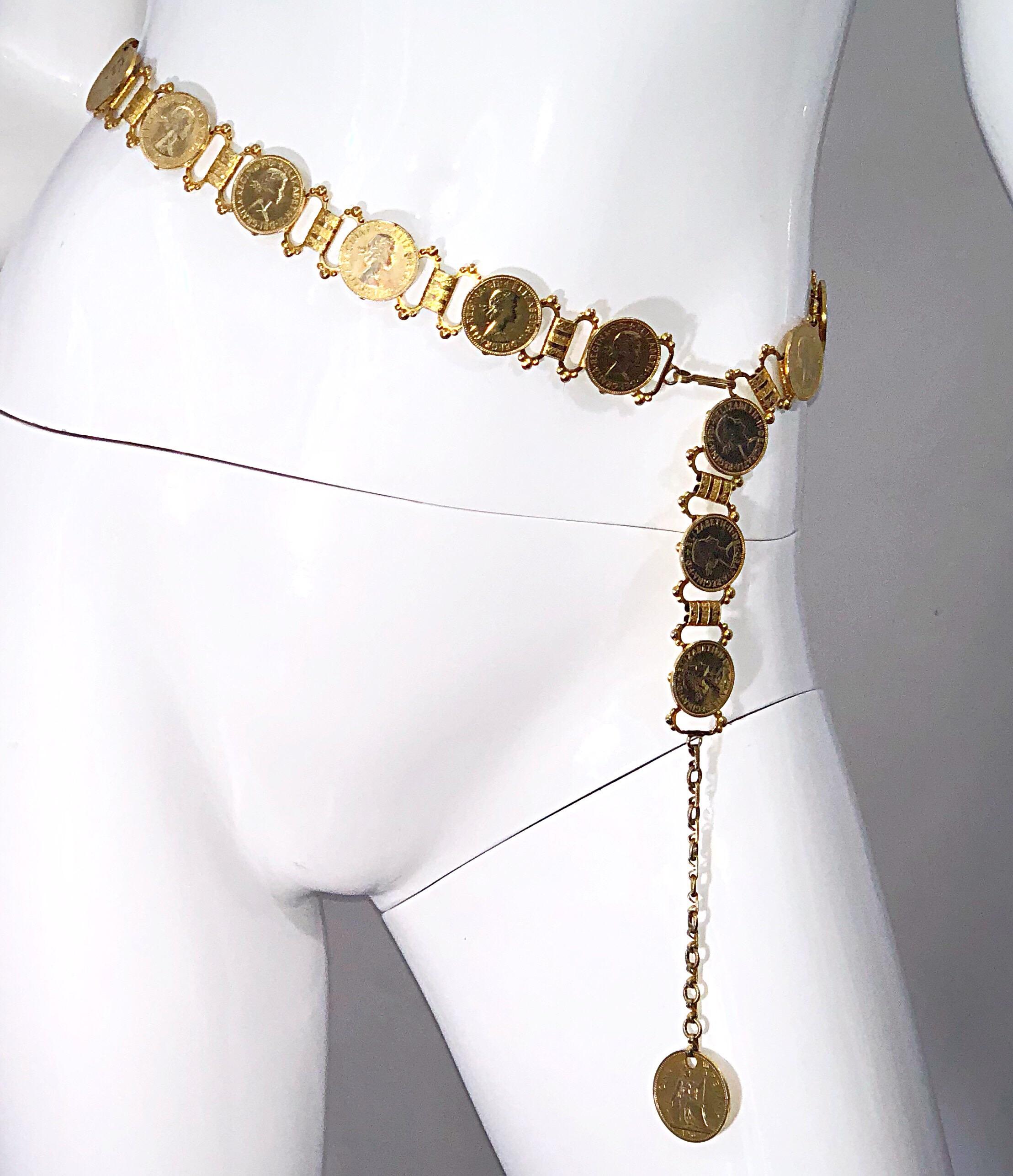 Elizabeth Dei Gratia 1960s Gold Coin Vintage 60s Novelty Chain Belt or Necklace 3