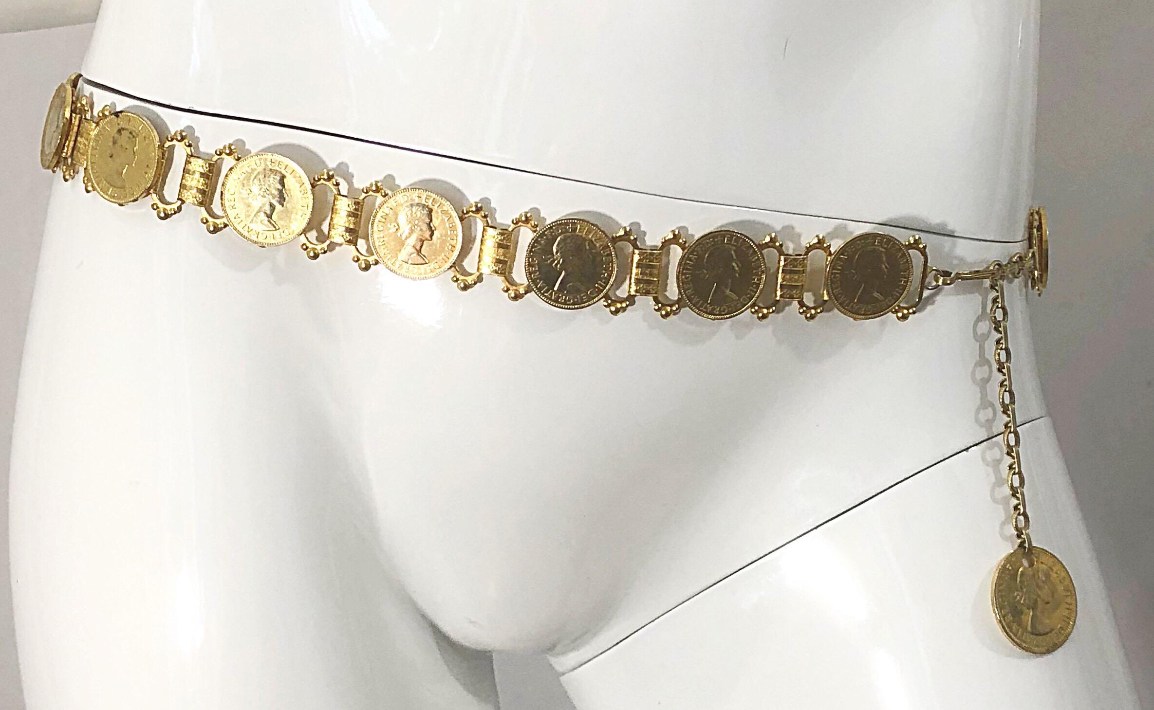 Elizabeth Dei Gratia 1960s Gold Coin Vintage 60s Novelty Chain Belt or Necklace 4