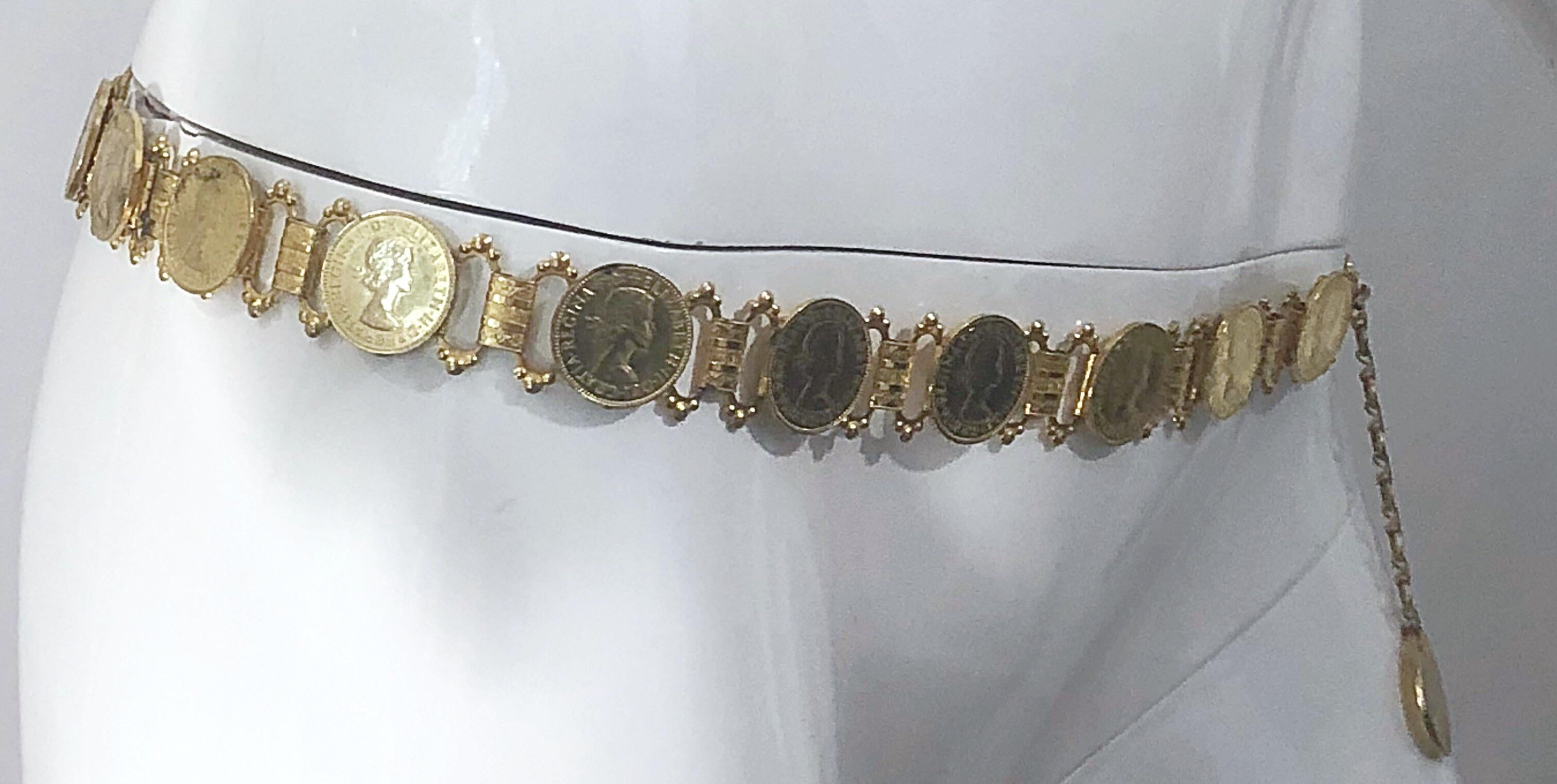 Elizabeth Dei Gratia 1960s Gold Coin Vintage 60s Novelty Chain Belt or Necklace 5
