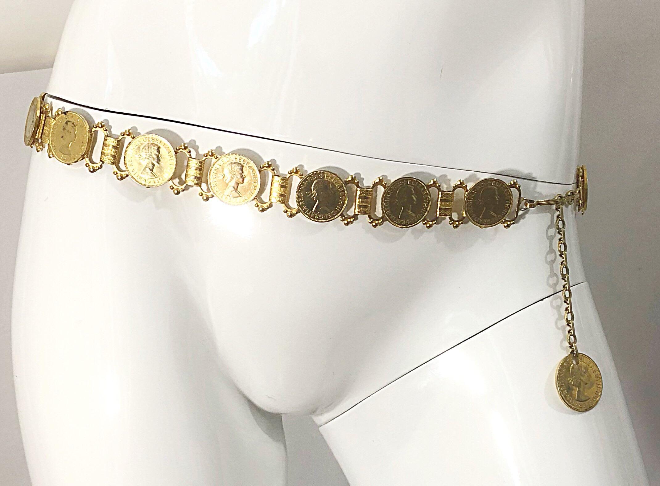 Elizabeth Dei Gratia 1960s Gold Coin Vintage 60s Novelty Chain Belt or Necklace 8