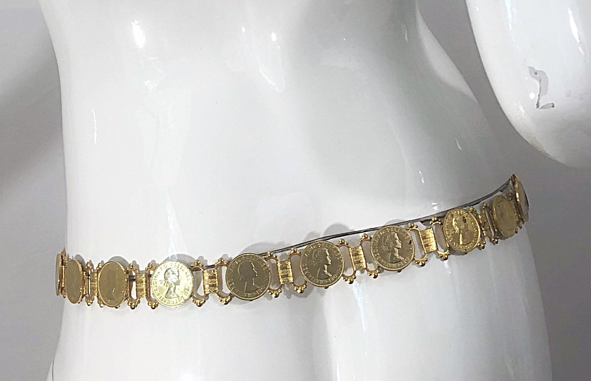 Elizabeth Dei Gratia 1960s Gold Coin Vintage 60s Novelty Chain Belt or Necklace 10