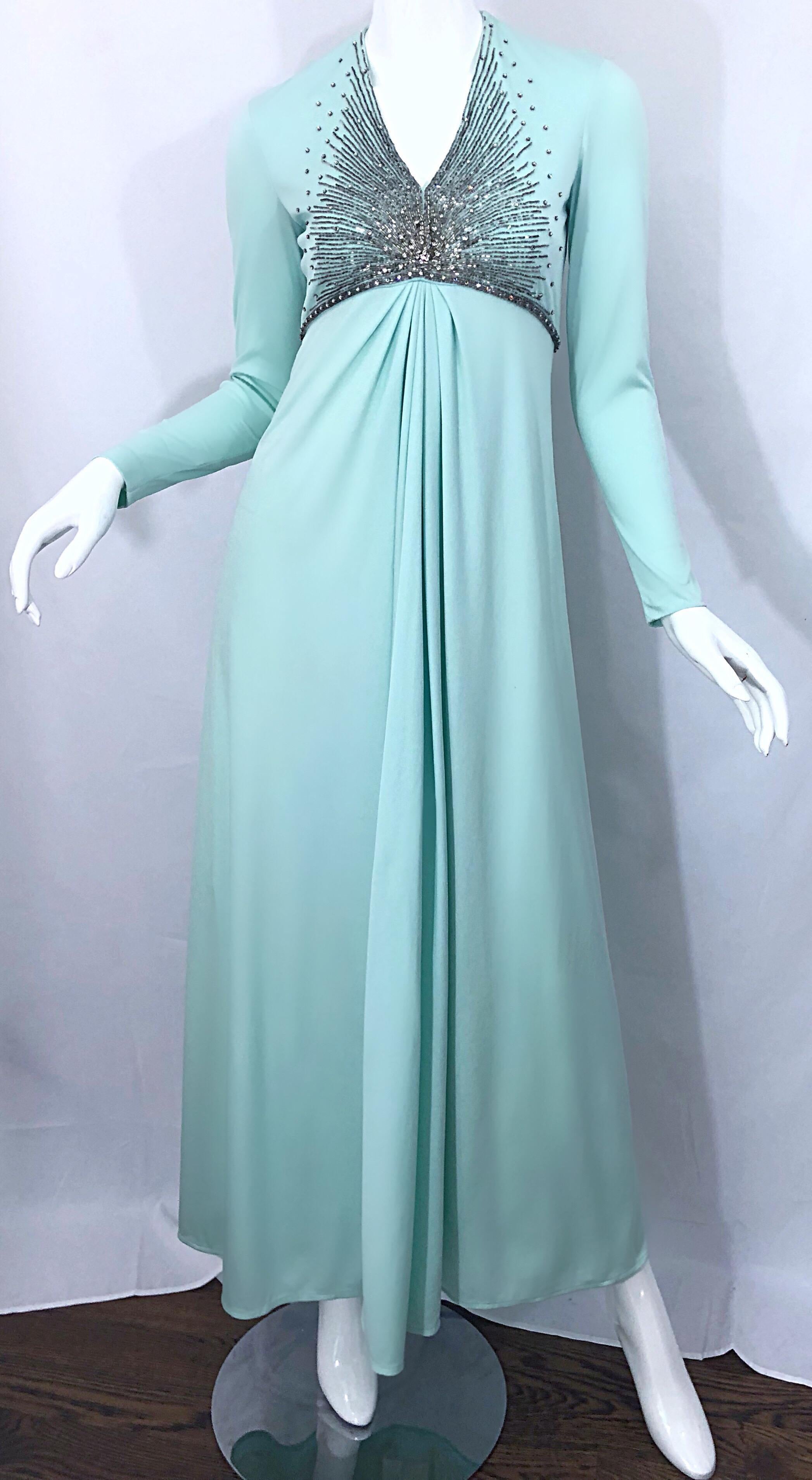 Gorgeous 1970s Victoria Royal Couture Mint Blue Rhinestone Jersey 70s Gown Dress For Sale 1