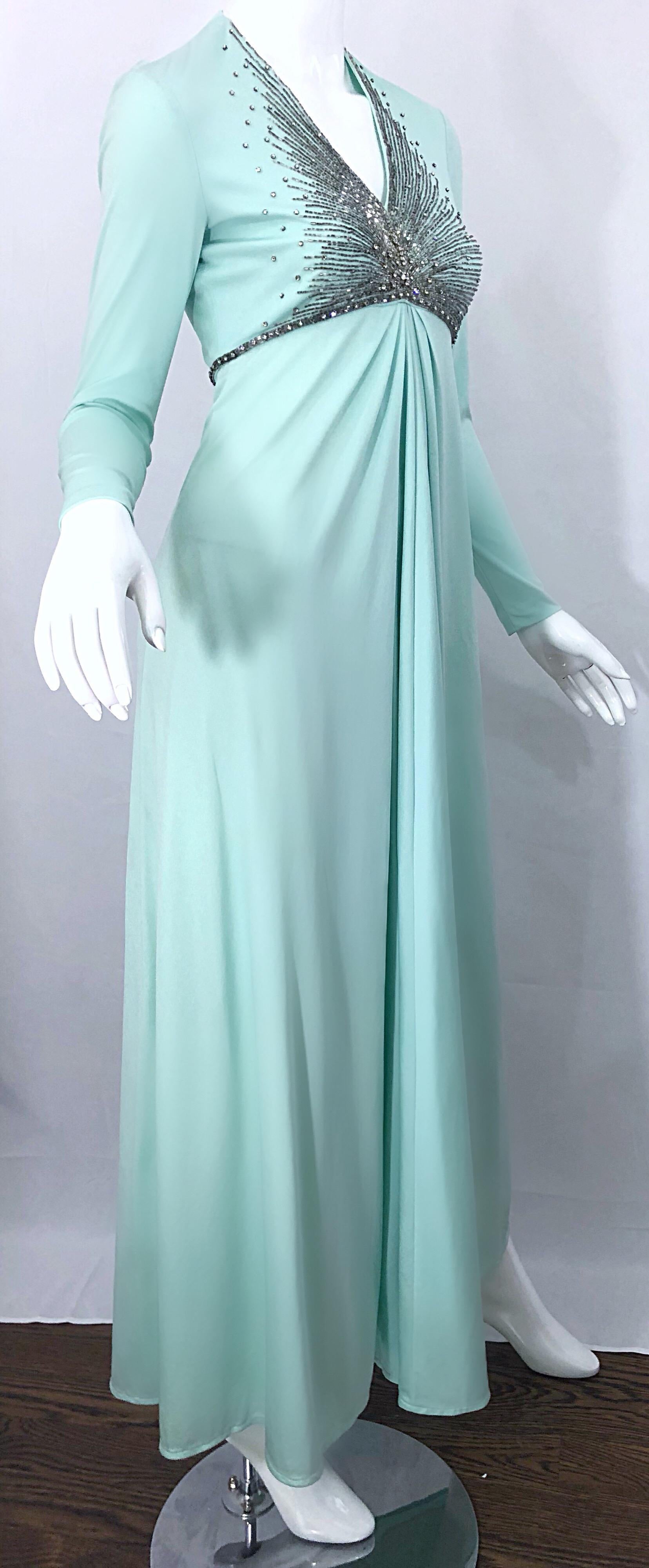 Gorgeous 1970s Victoria Royal Couture Mint Blue Rhinestone Jersey 70s Gown Dress For Sale 3