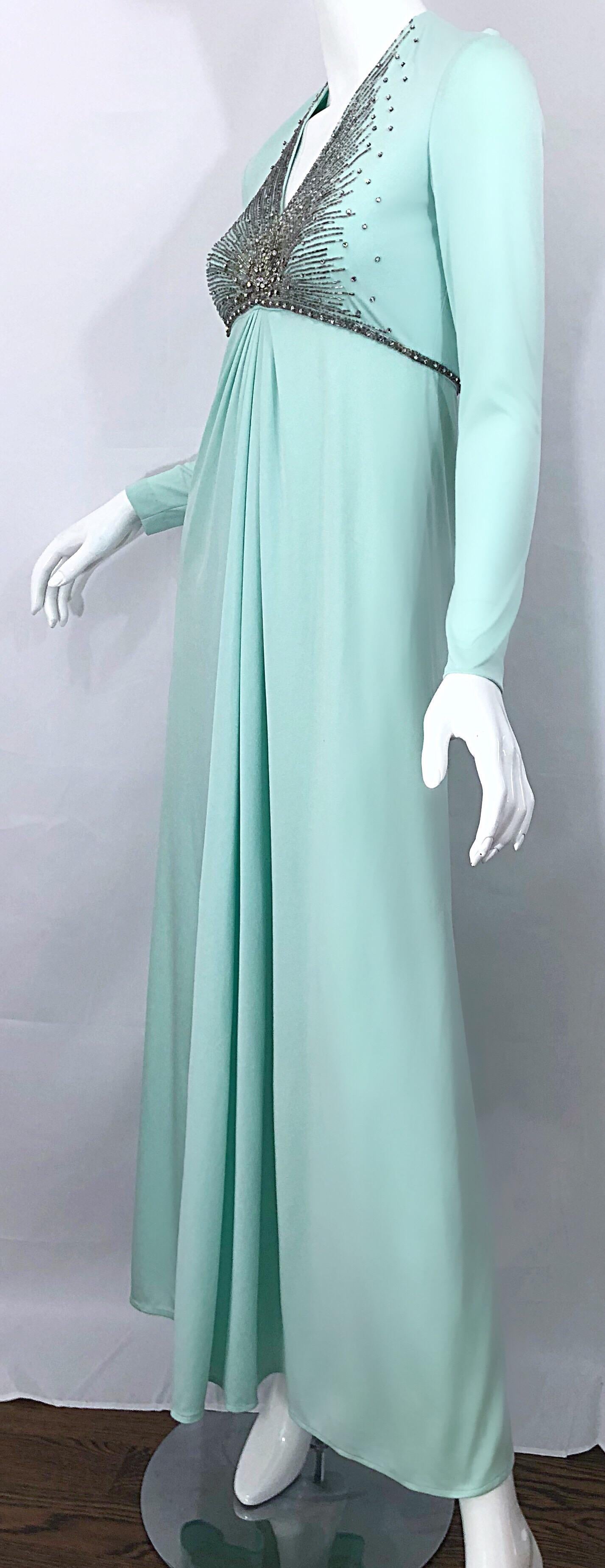 Gorgeous 1970s Victoria Royal Couture Mint Blue Rhinestone Jersey 70s Gown Dress For Sale 4