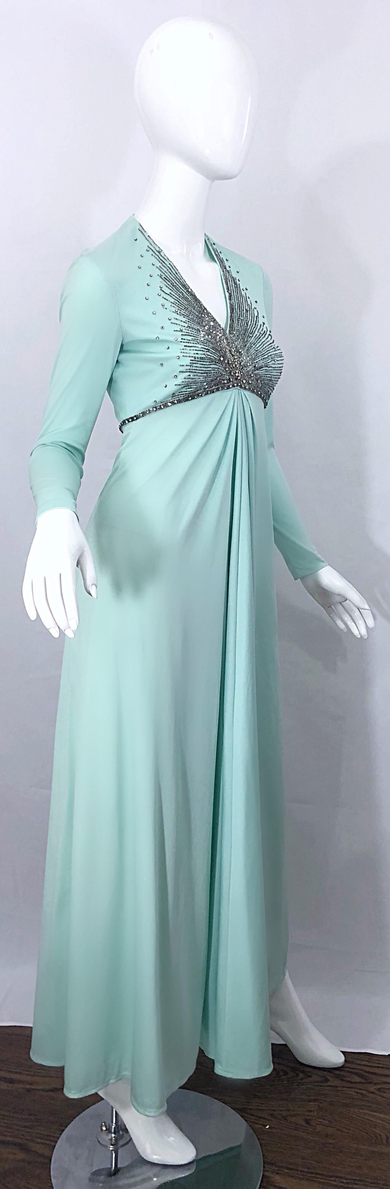 Gorgeous 1970s Victoria Royal Couture Mint Blue Rhinestone Jersey 70s Gown Dress For Sale 5