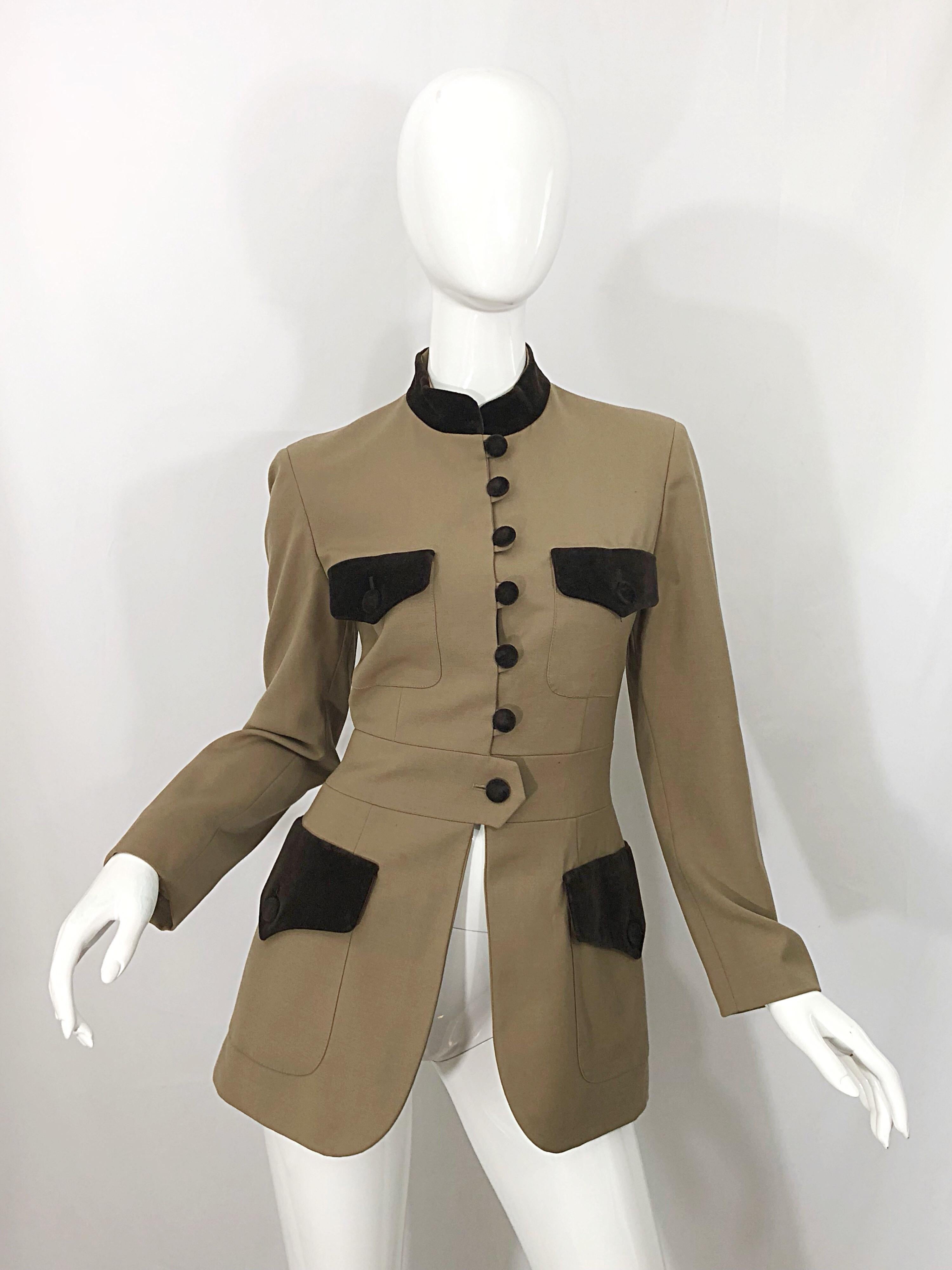 Awesome vintage MOSCHINO CHEAP & CHIC tan / light brown and chocolate brown military band inspired jacket! Features an amazing tailored fit with dark brown velvet pockets, buttons, collar, and back belt. Can easily be dressed up or down. The perfect