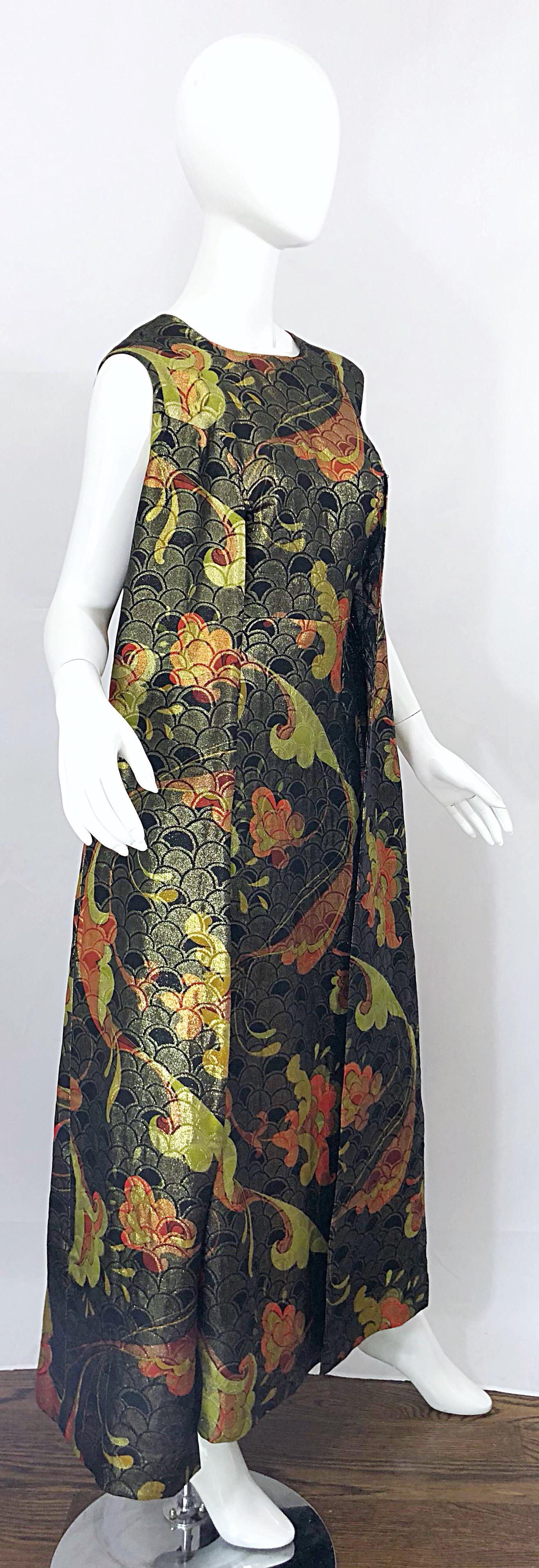 Black Incredible 1960s Silk Asian Print Chartreuse Vintage 60s Maxi Dress / Gown