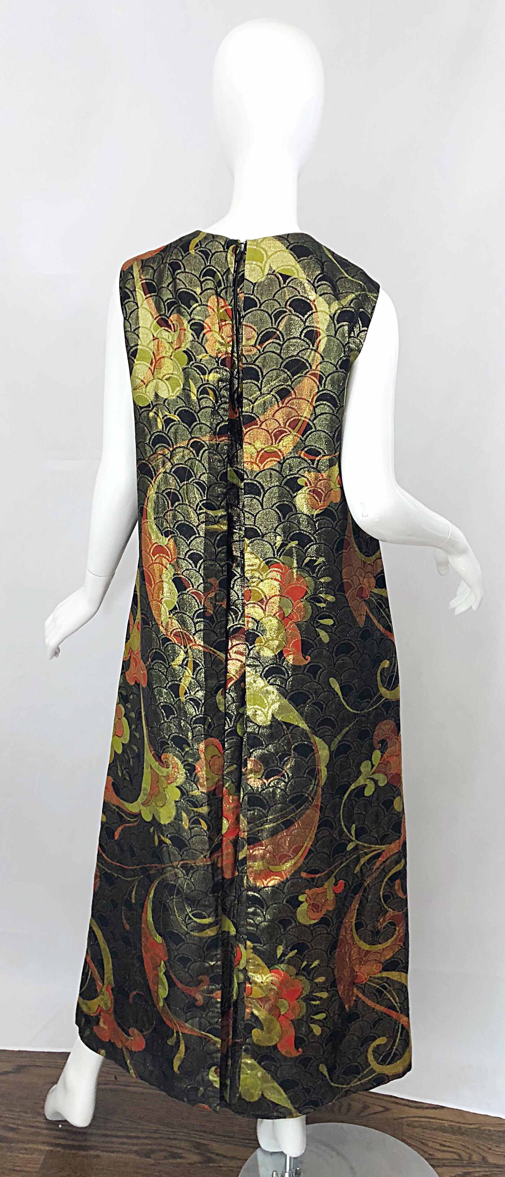 Incredible 1960s Silk Asian Print Chartreuse Vintage 60s Maxi Dress / Gown In Excellent Condition In San Diego, CA