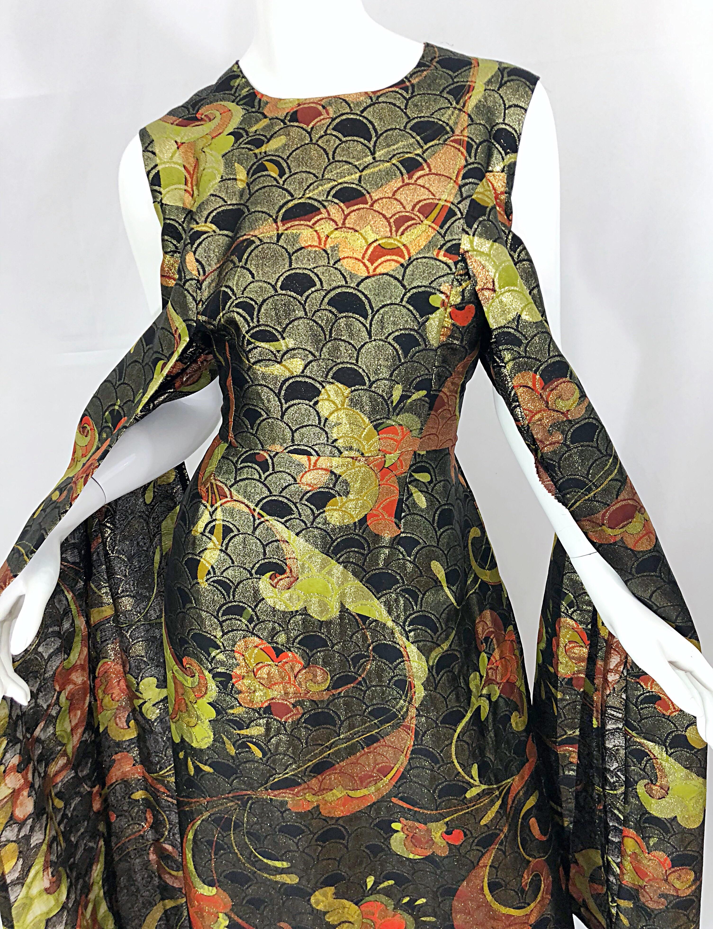 Incredible 1960s Silk Asian Print Chartreuse Vintage 60s Maxi Dress / Gown 1