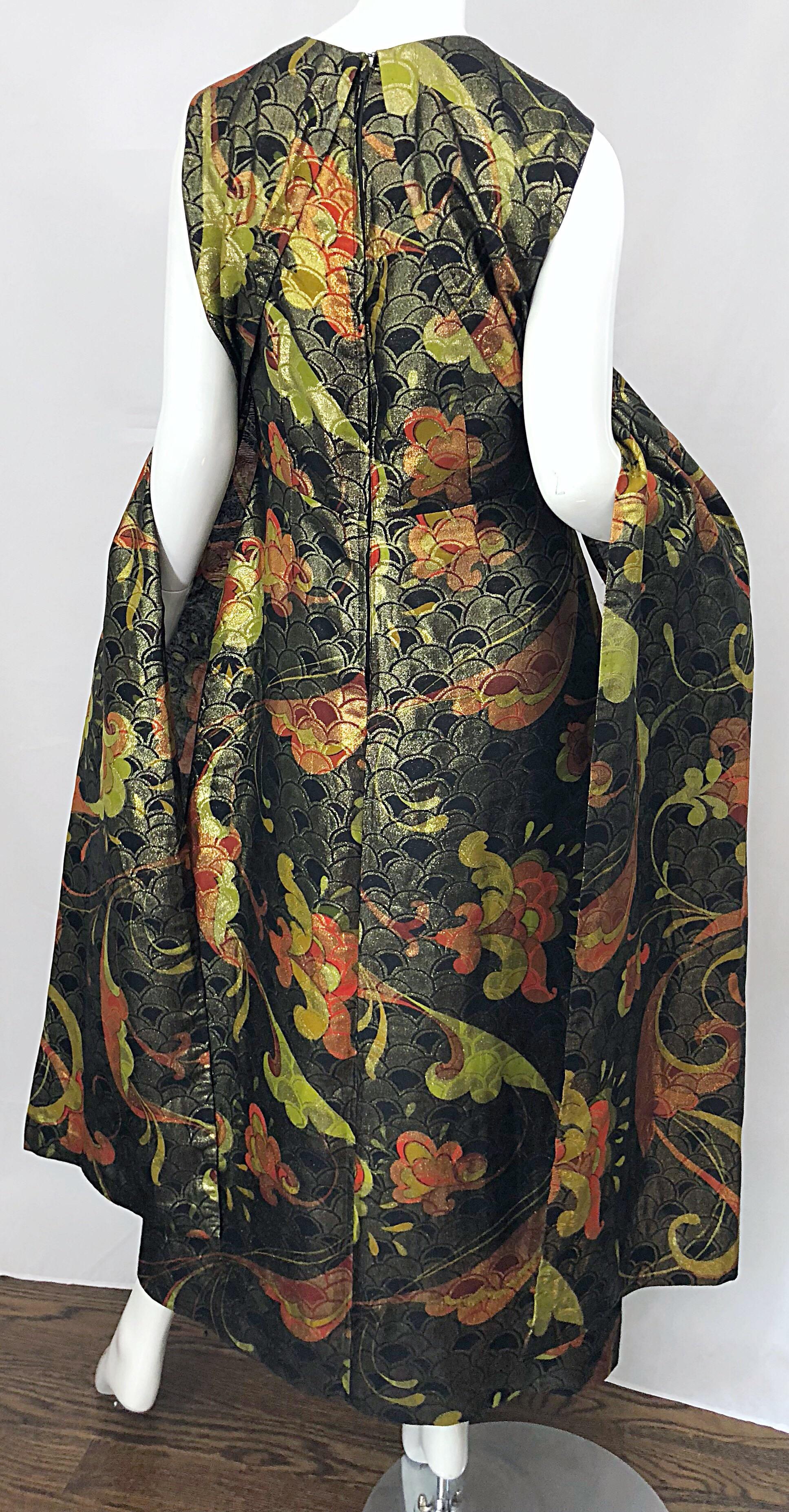 Incredible 1960s Silk Asian Print Chartreuse Vintage 60s Maxi Dress / Gown 3