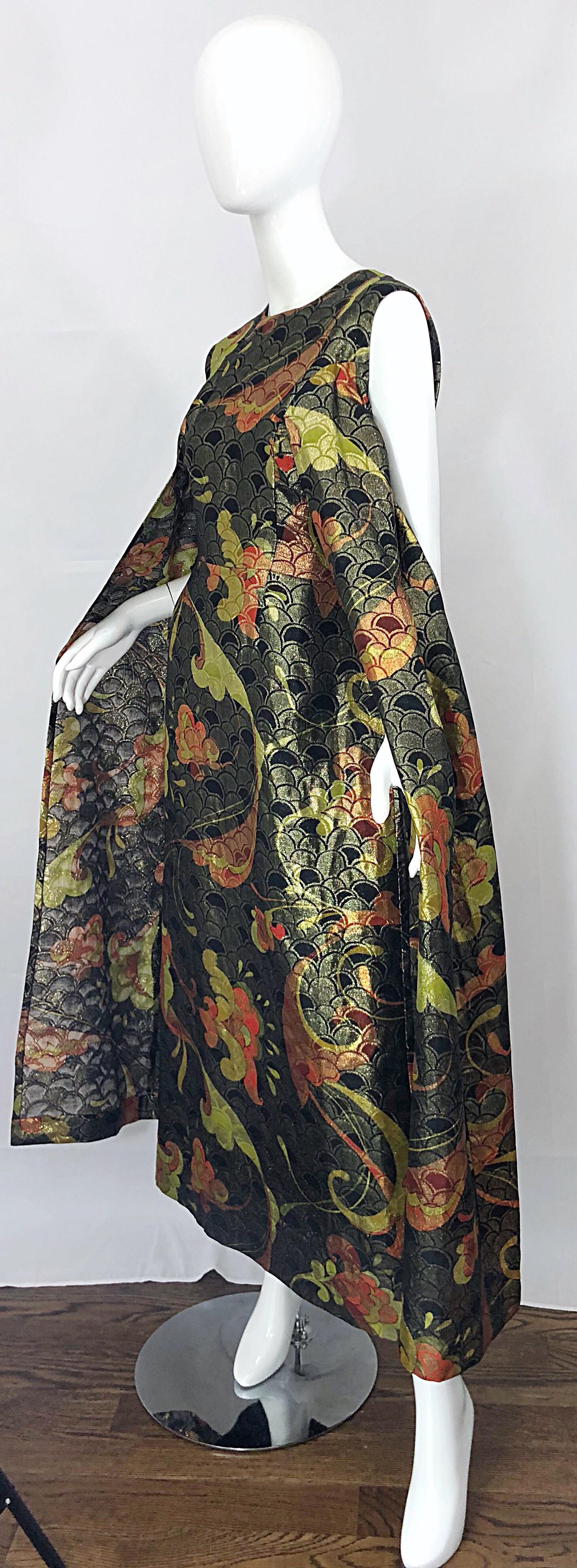 Incredible 1960s Silk Asian Print Chartreuse Vintage 60s Maxi Dress / Gown 4