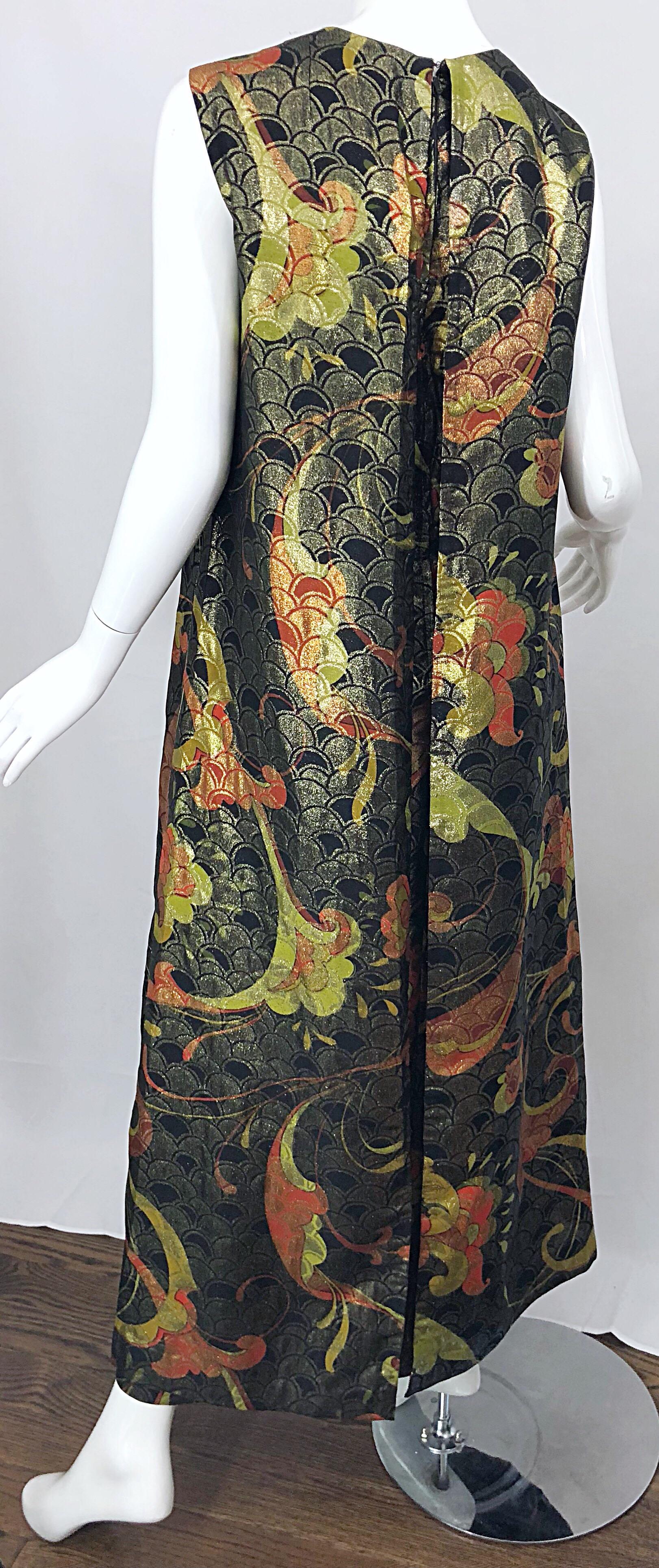 Incredible 1960s Silk Asian Print Chartreuse Vintage 60s Maxi Dress / Gown 5