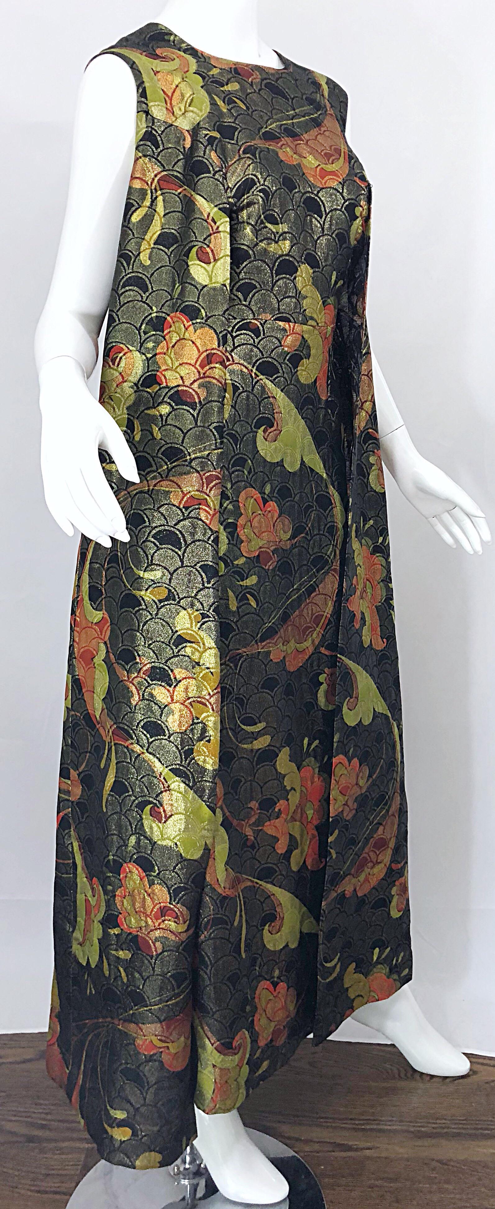 Incredible 1960s Silk Asian Print Chartreuse Vintage 60s Maxi Dress / Gown 6