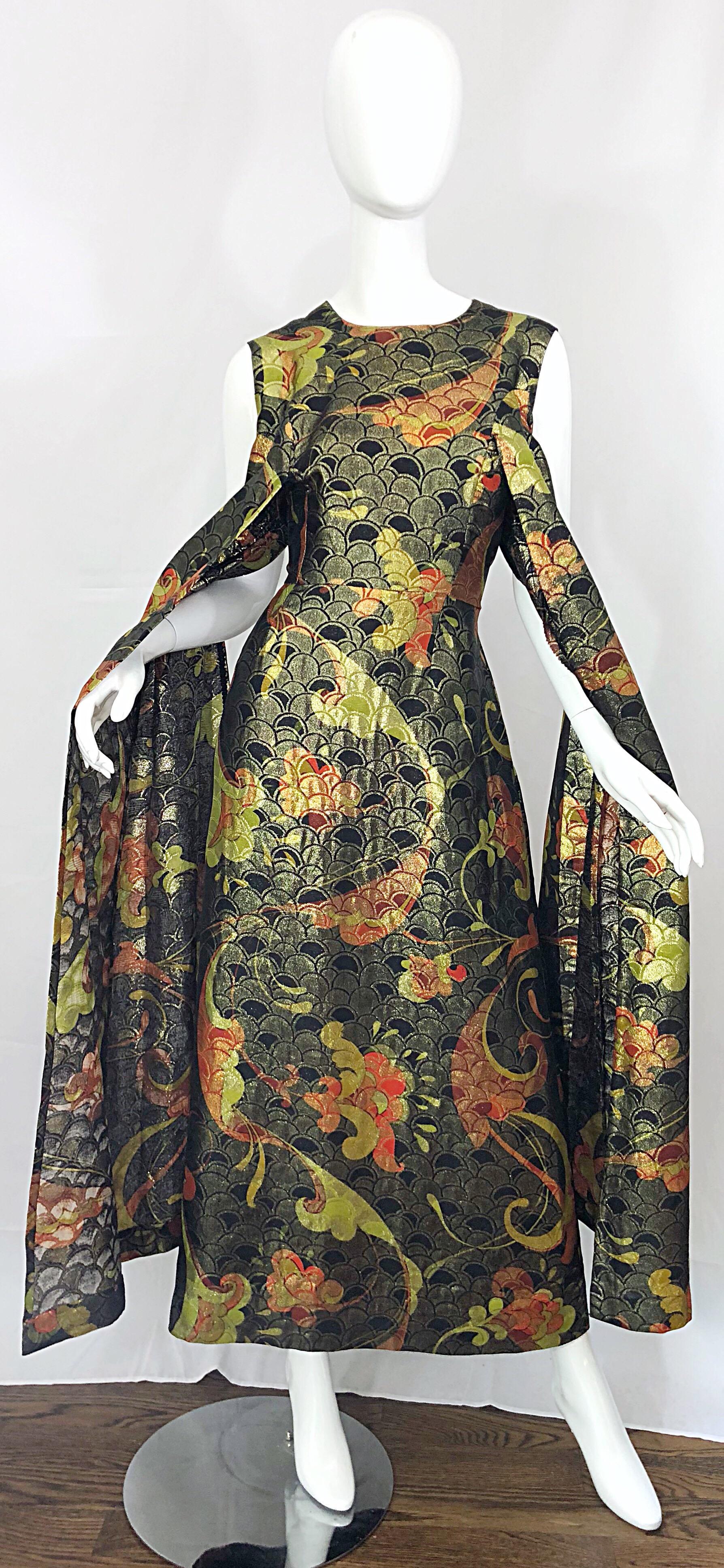 Incredible 1960s Silk Asian Print Chartreuse Vintage 60s Maxi Dress / Gown 7