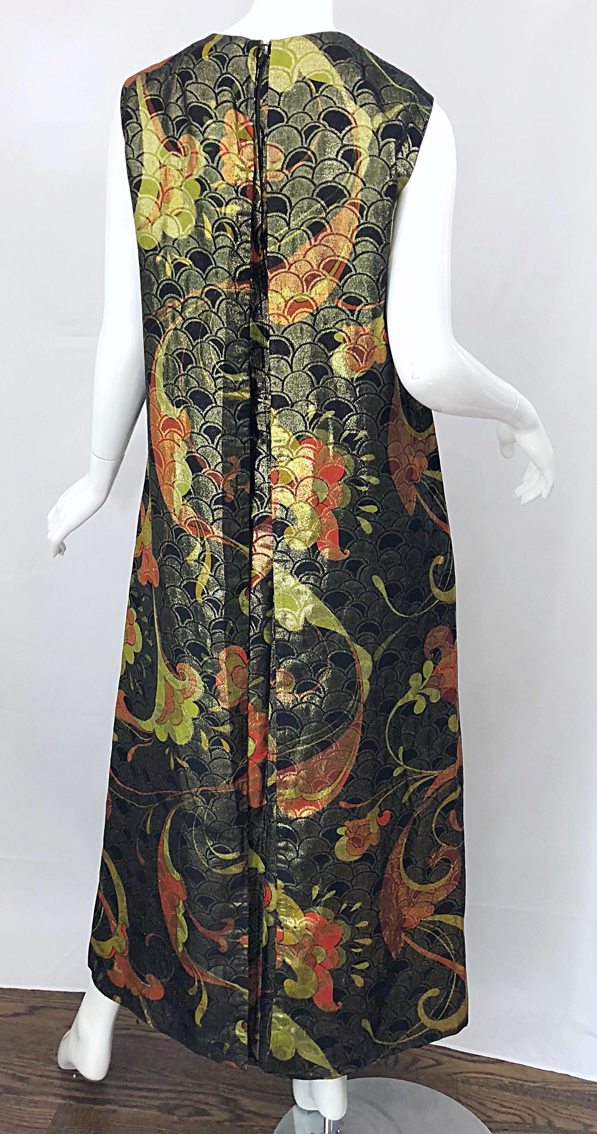 Incredible 1960s Silk Asian Print Chartreuse Vintage 60s Maxi Dress / Gown 8