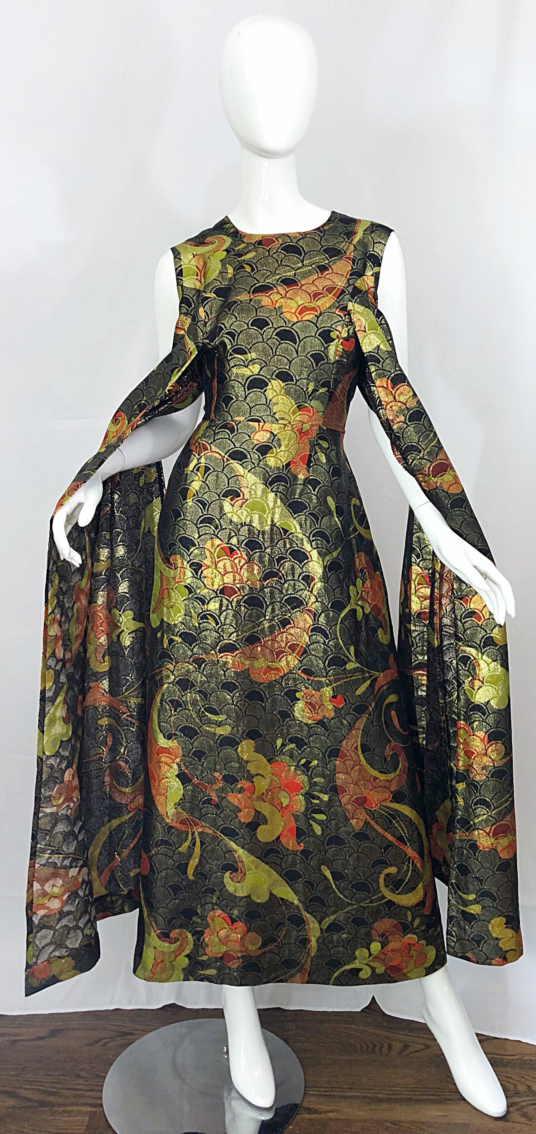 Incredible 1960s Silk Asian Print Chartreuse Vintage 60s Maxi Dress / Gown 9