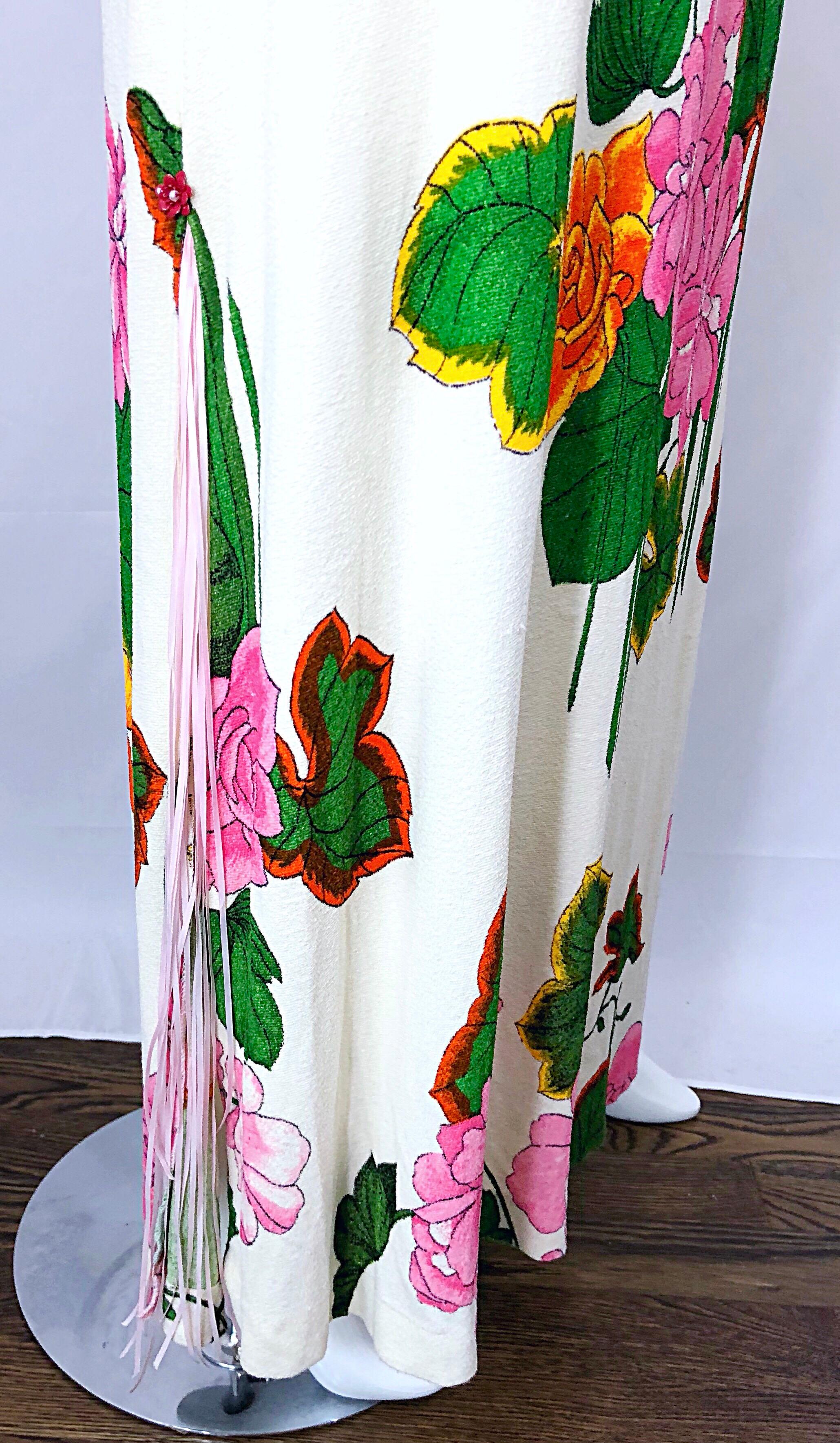 Beige 1970s Does 1930s Terry Cloth Fringed Hawaiian Print Vintage 70s Maxi Dress