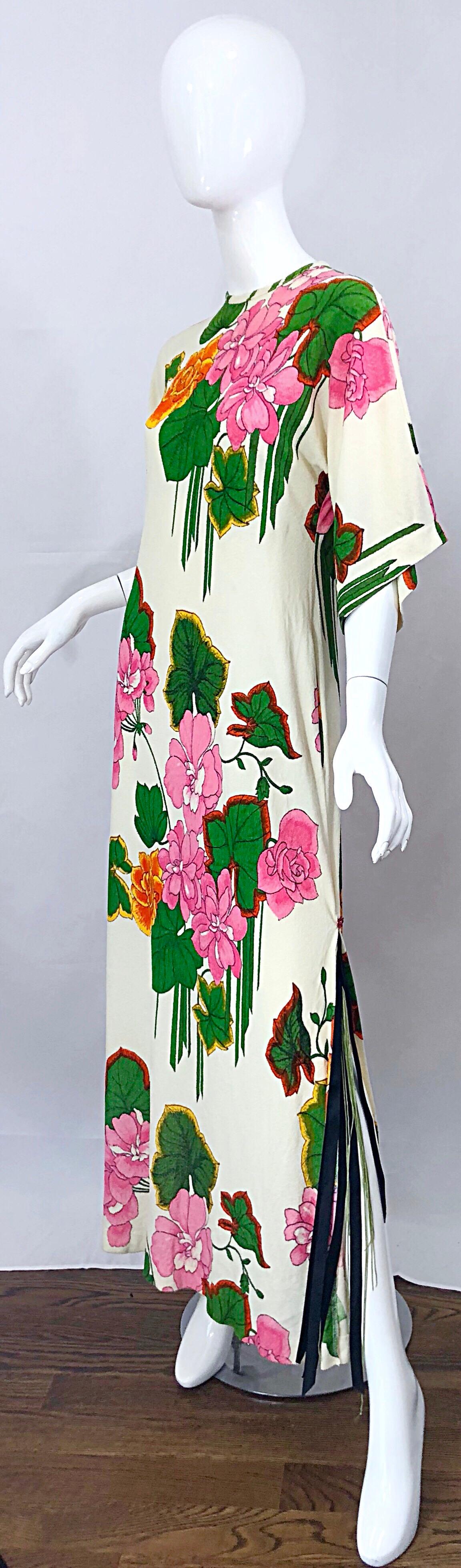 1970s Does 1930s Terry Cloth Fringed Hawaiian Print Vintage 70s Maxi Dress 1