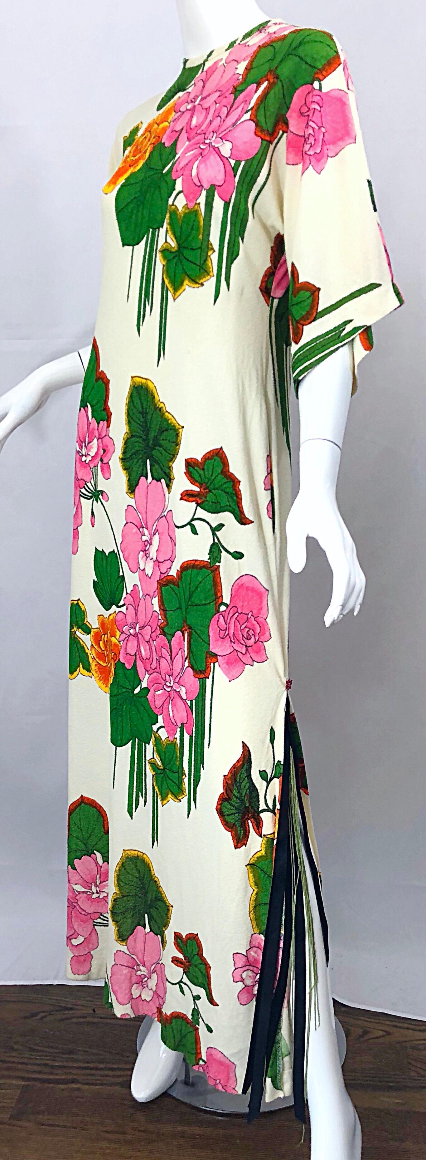 1970s Does 1930s Terry Cloth Fringed Hawaiian Print Vintage 70s Maxi Dress 3
