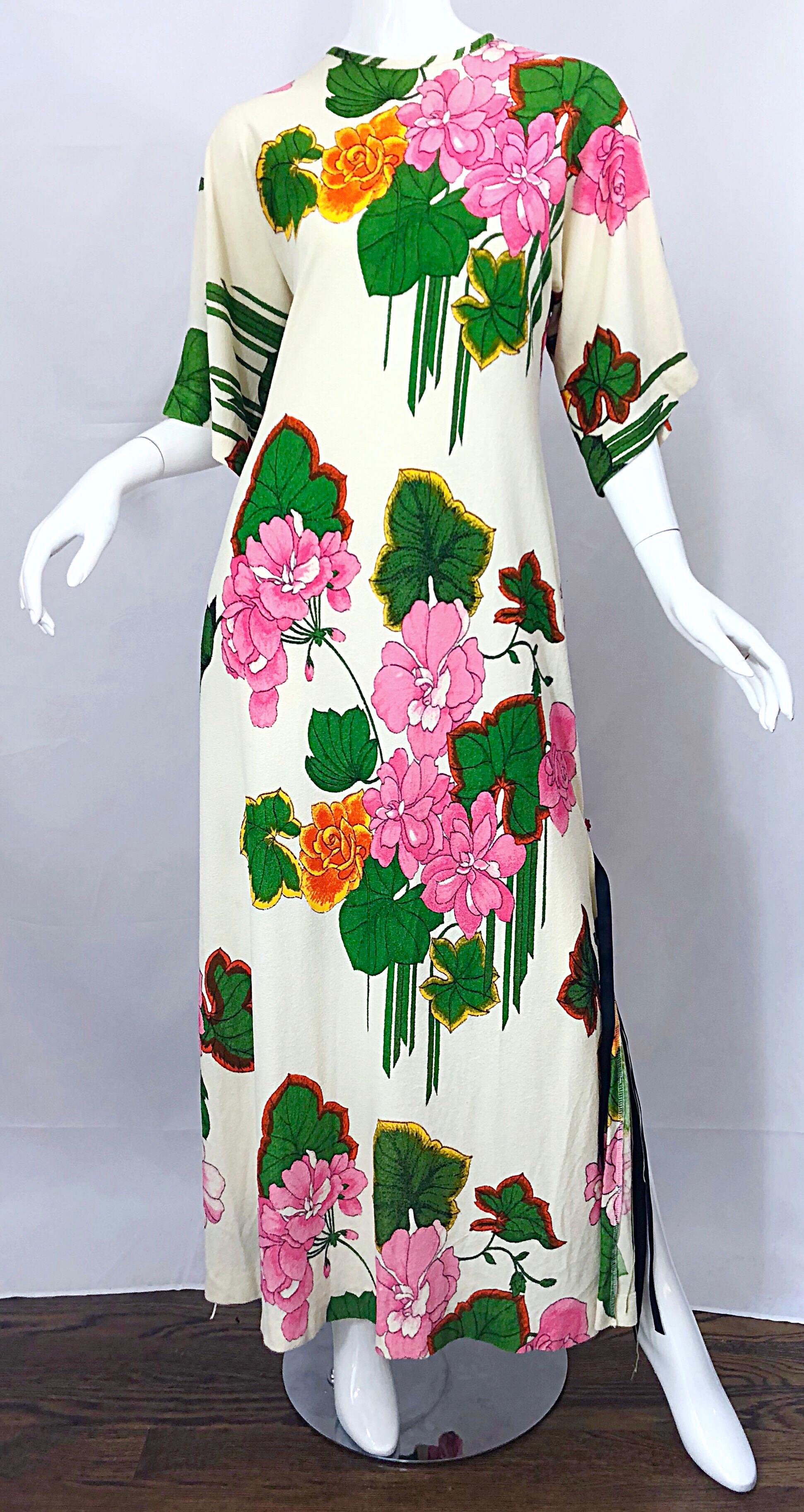 1970s Does 1930s Terry Cloth Fringed Hawaiian Print Vintage 70s Maxi Dress 5