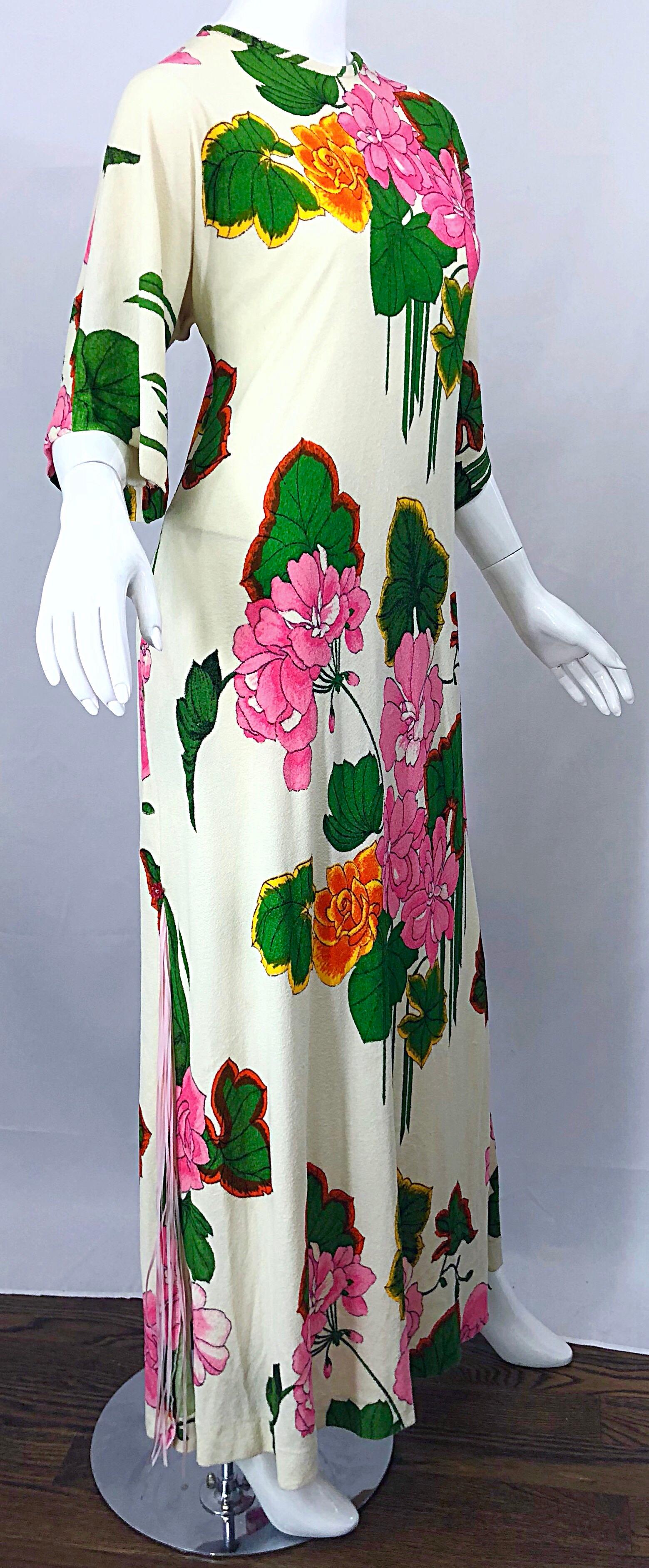1970s Does 1930s Terry Cloth Fringed Hawaiian Print Vintage 70s Maxi Dress 6