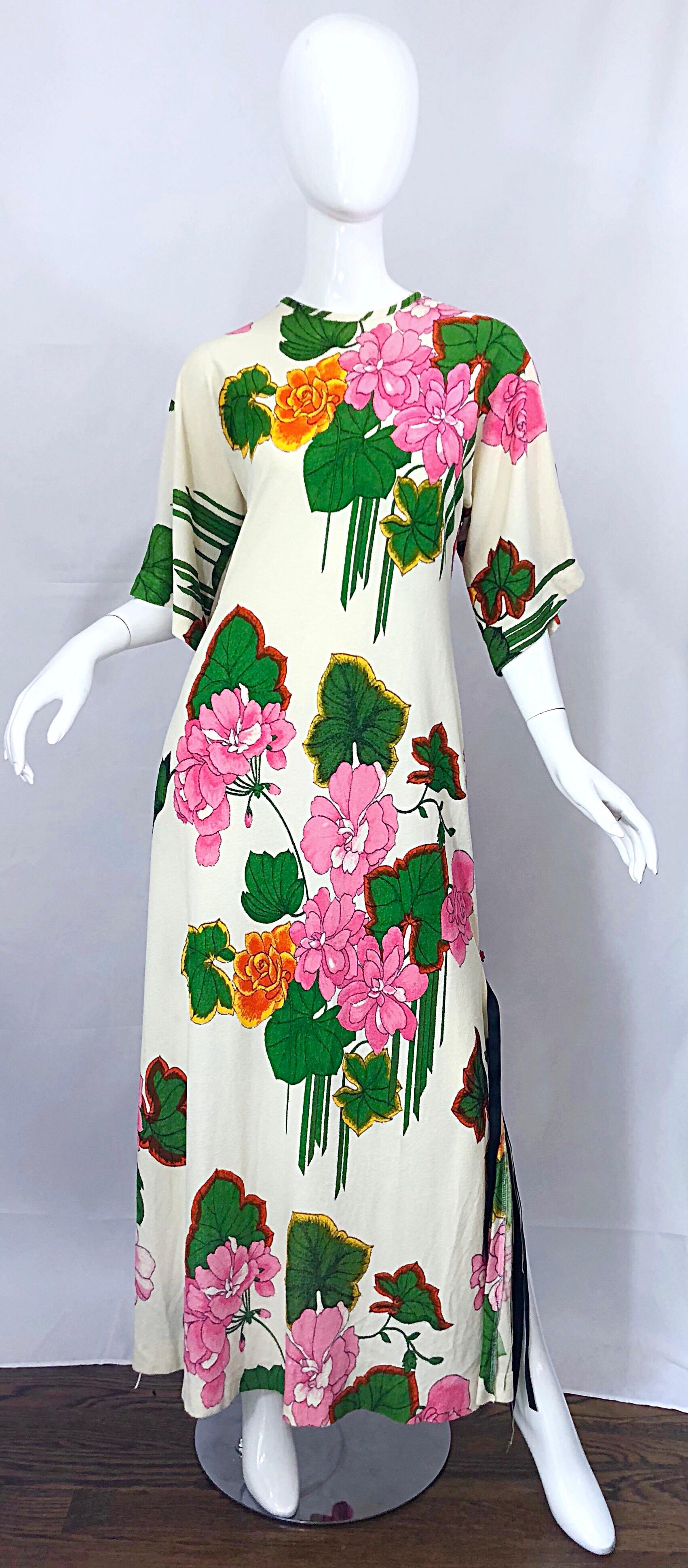 1970s Does 1930s Terry Cloth Fringed Hawaiian Print Vintage 70s Maxi Dress 8