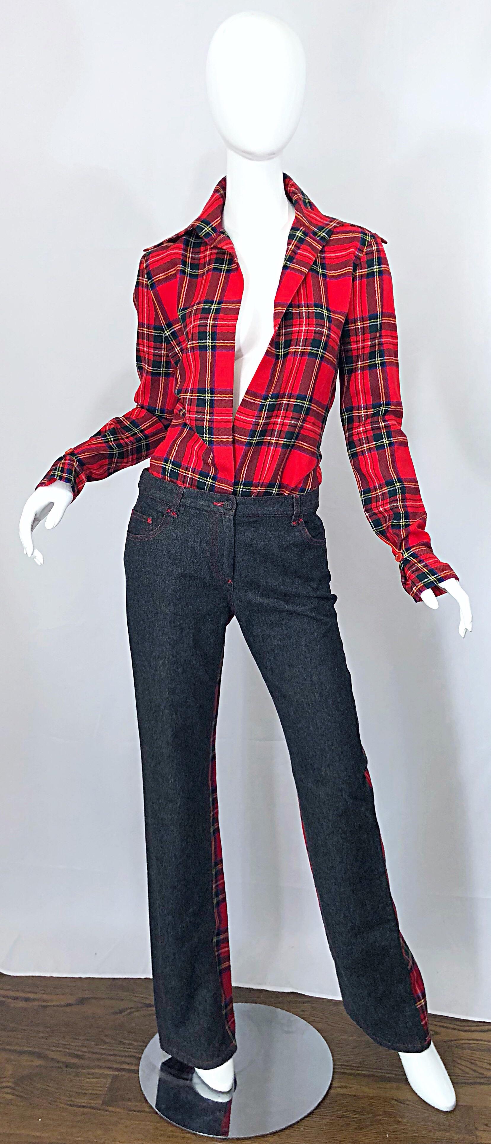 Rare nad sexy vintage late 90s DOLCE & GABBANA red tartan virgin wool plunging top with matching denim and red tartan plaid flared boot cut jeans! Top features a plunging neckline with an exaggerated collar and tapered sleeve cuffs. Low rise