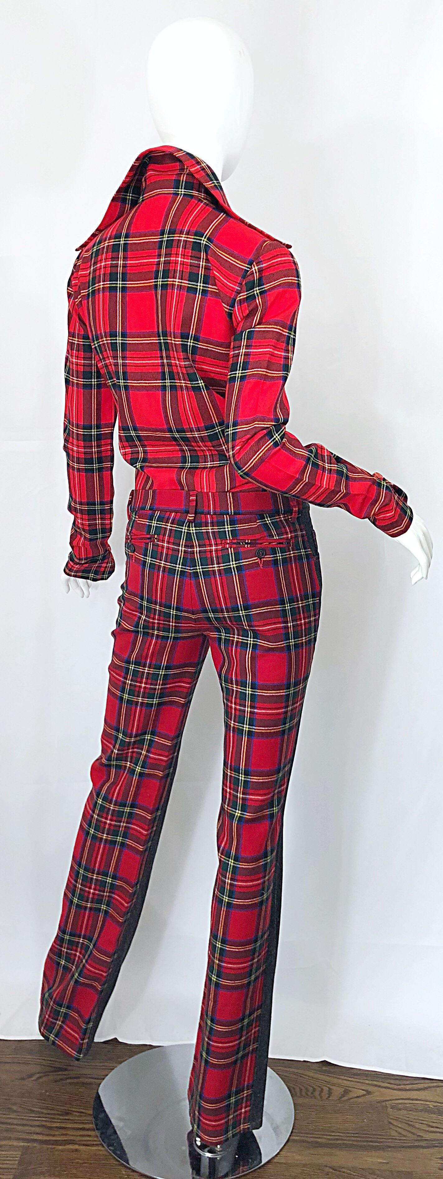 Marron Dolce & Gabbana Rare chemise et jean évasés en laine et jean à carreaux en tartan rouge, années 1990 en vente