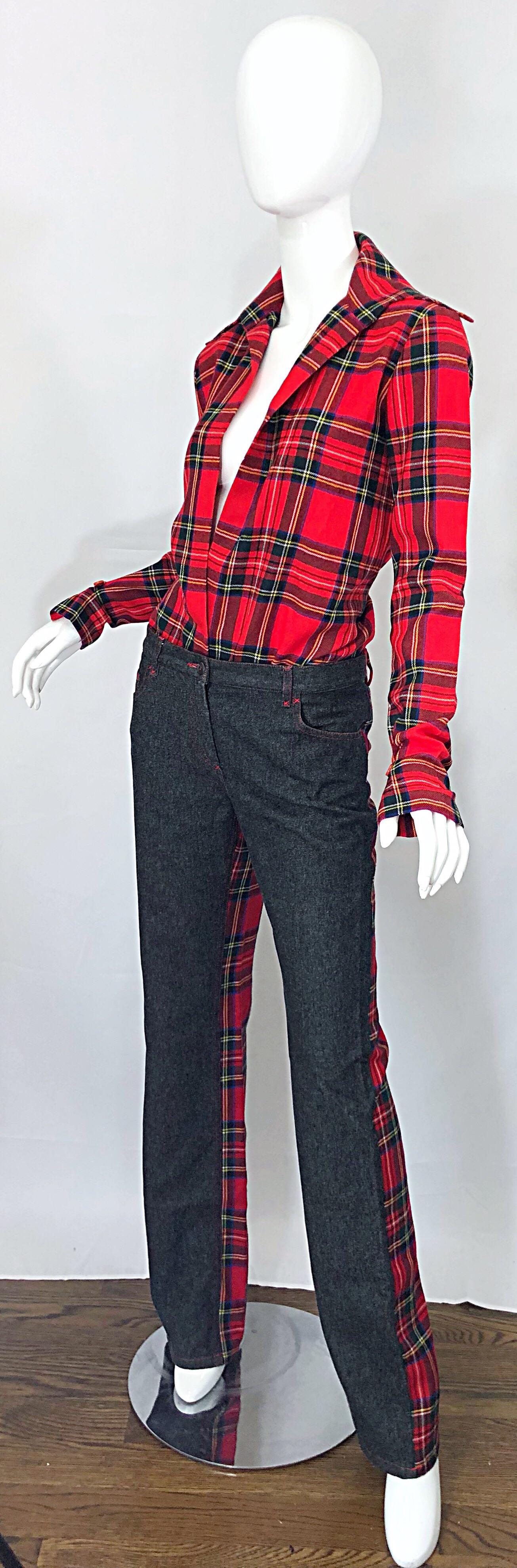 Dolce & Gabbana Rare chemise et jean évasés en laine et jean à carreaux en tartan rouge, années 1990 Pour femmes en vente