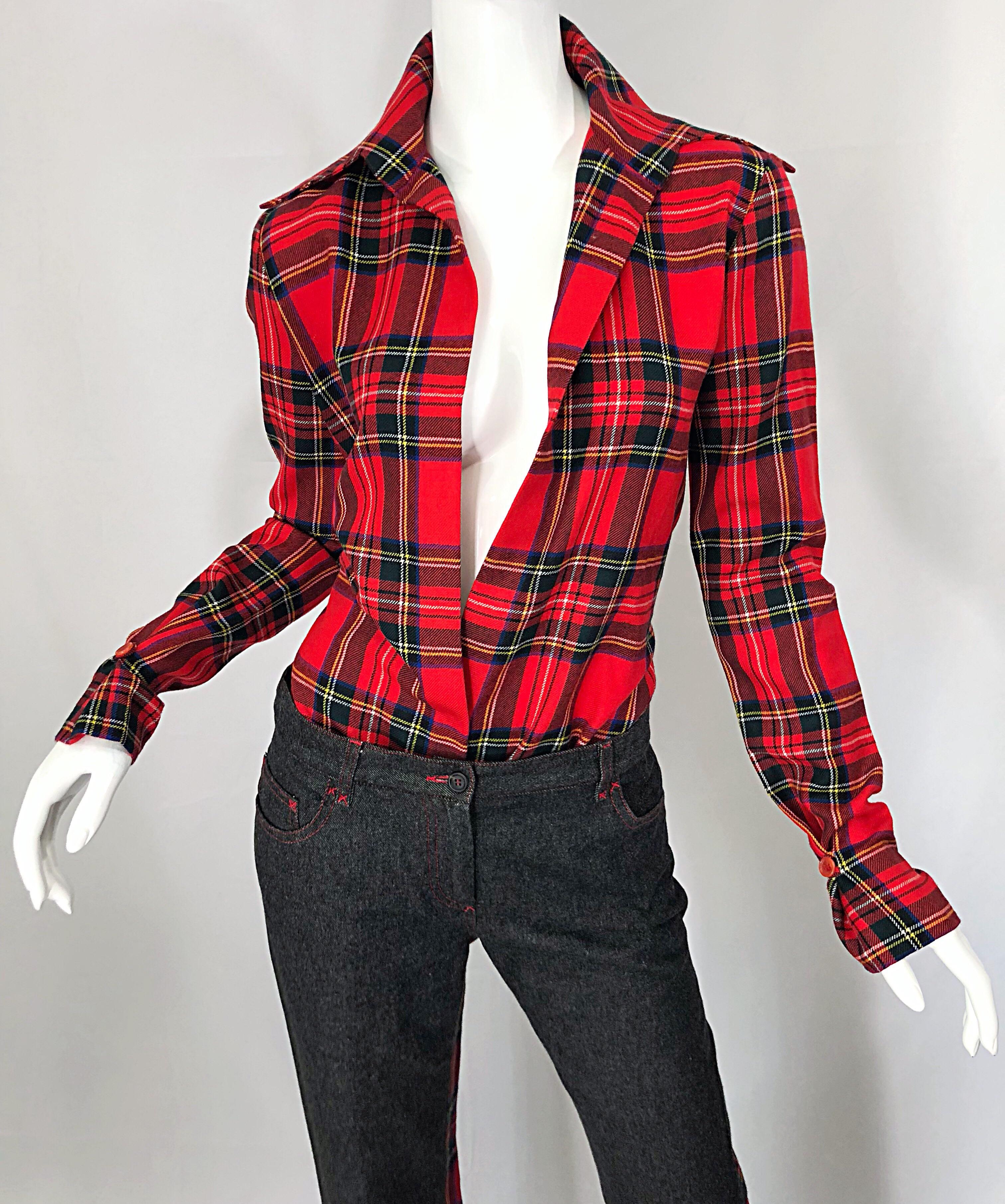 Dolce & Gabbana Rare chemise et jean évasés en laine et jean à carreaux en tartan rouge, années 1990 Excellent état - En vente à San Diego, CA