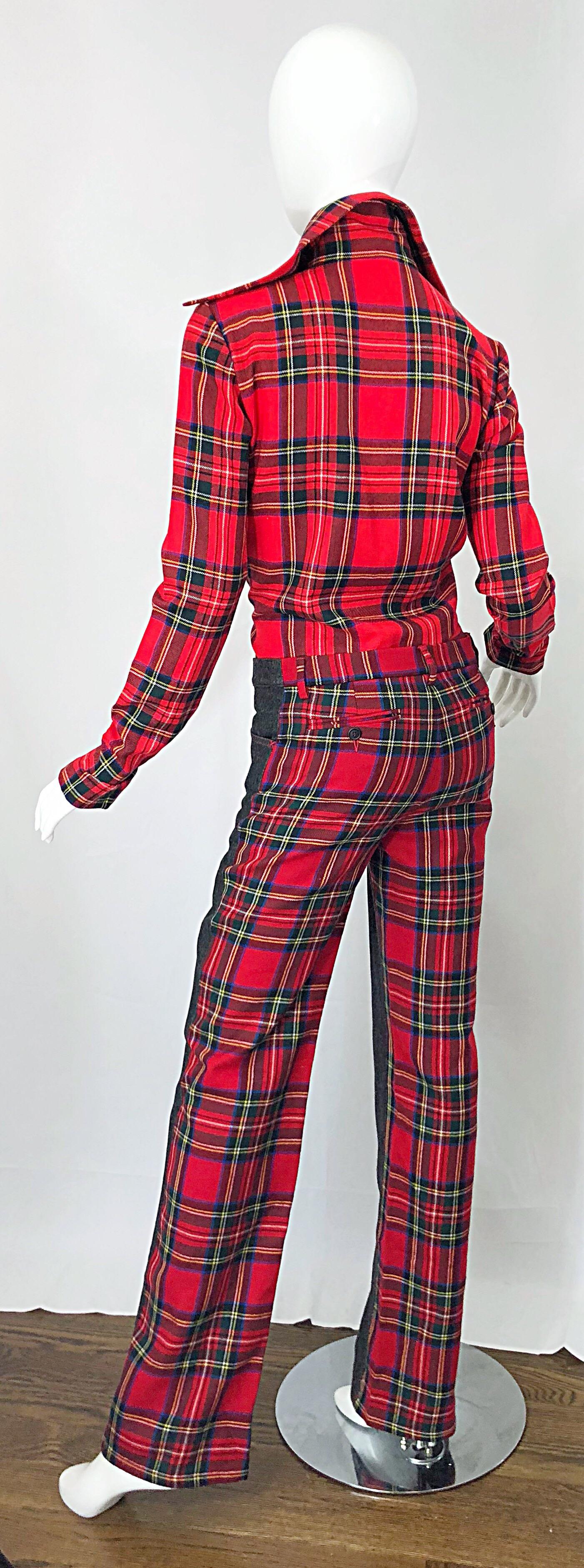 Brown Rare 1990s Dolce & Gabbana Red Tartan Plaid Wool + Denim Flared Jeans and Shirt For Sale