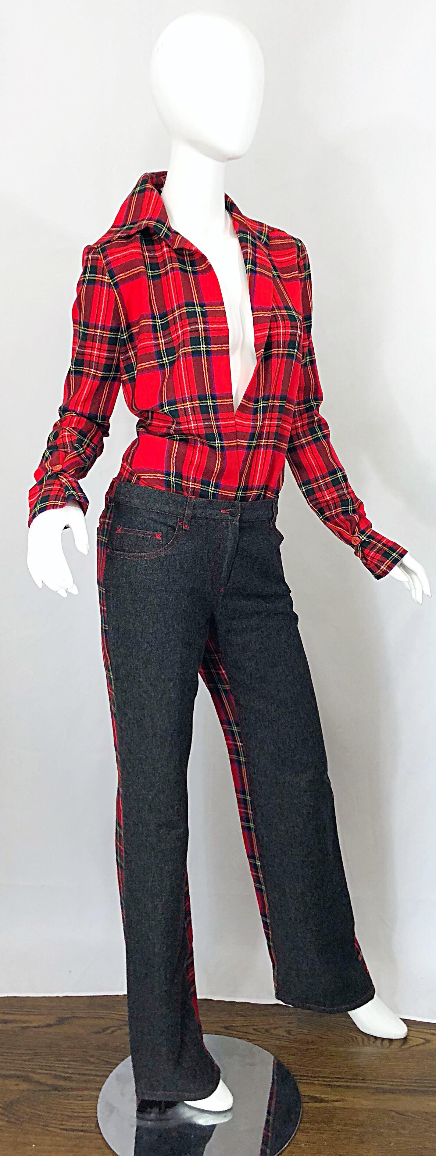 Rare 1990s Dolce & Gabbana Red Tartan Plaid Wool + Denim Flared Jeans and Shirt In Excellent Condition For Sale In San Diego, CA