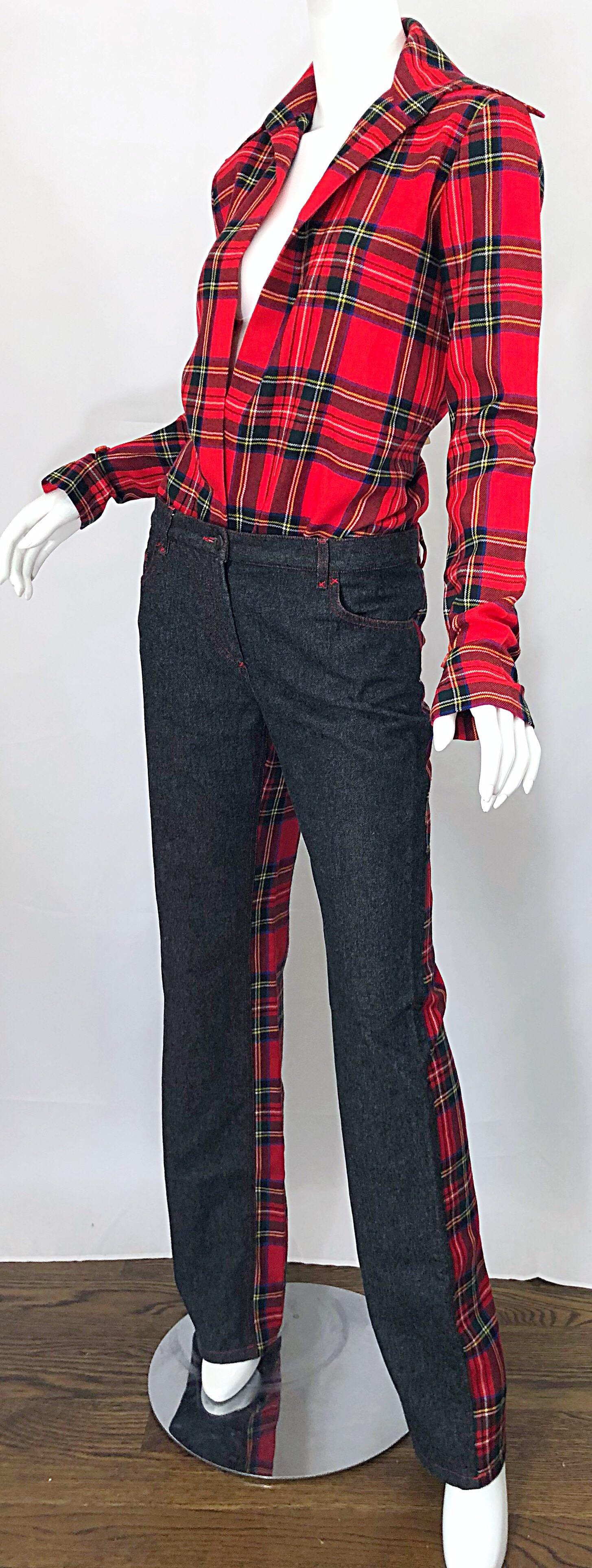 Women's Rare 1990s Dolce & Gabbana Red Tartan Plaid Wool + Denim Flared Jeans and Shirt For Sale
