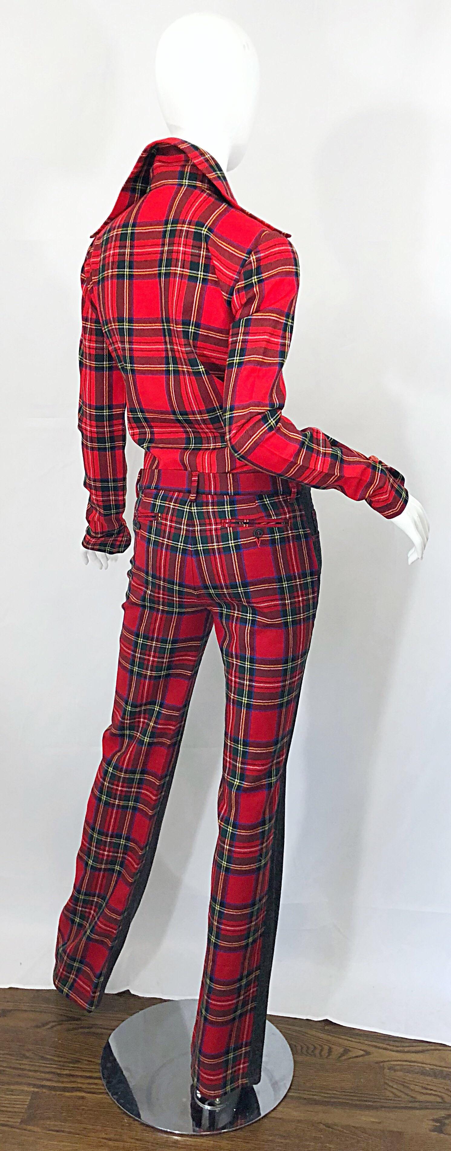 Rare 1990s Dolce & Gabbana Red Tartan Plaid Wool + Denim Flared Jeans and Shirt For Sale 1