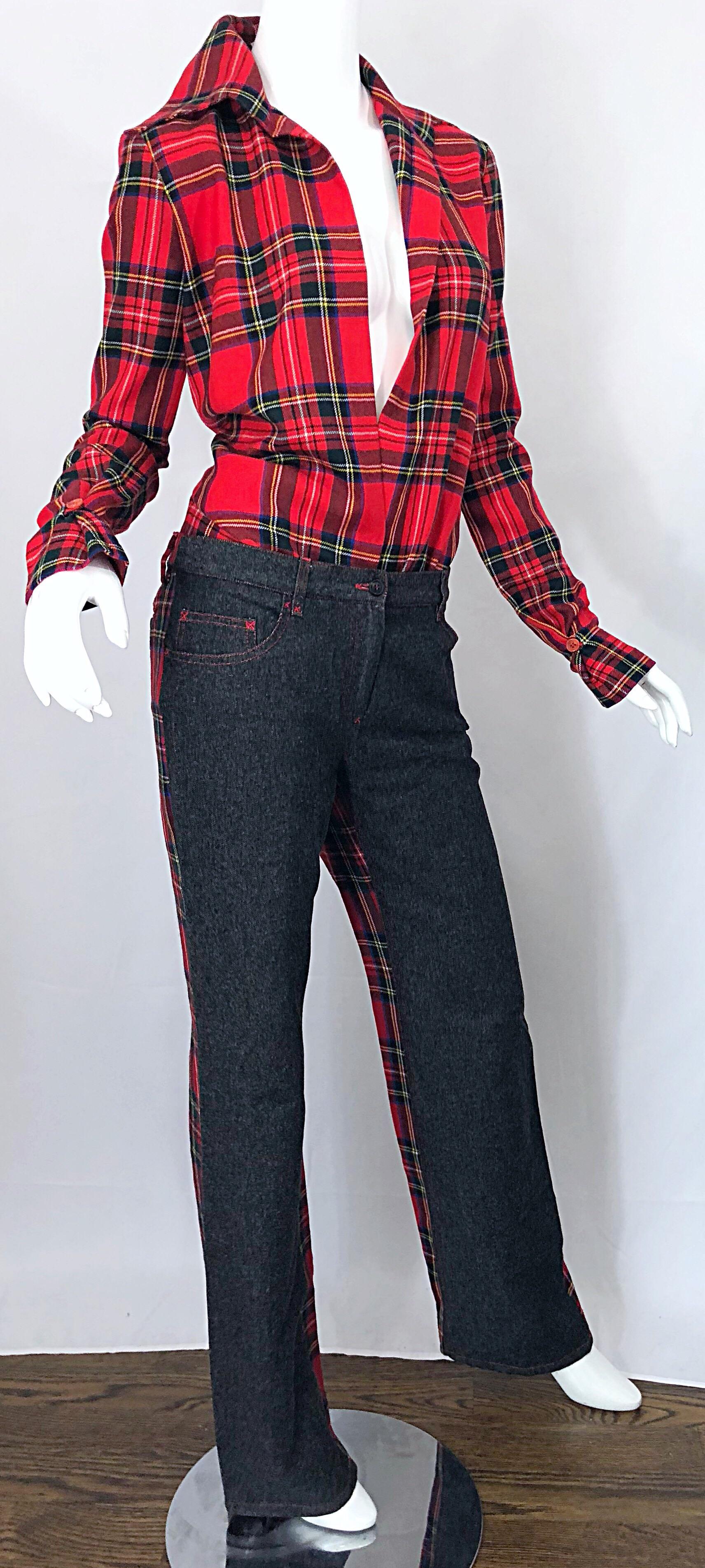 Rare 1990s Dolce & Gabbana Red Tartan Plaid Wool + Denim Flared Jeans and Shirt For Sale 2